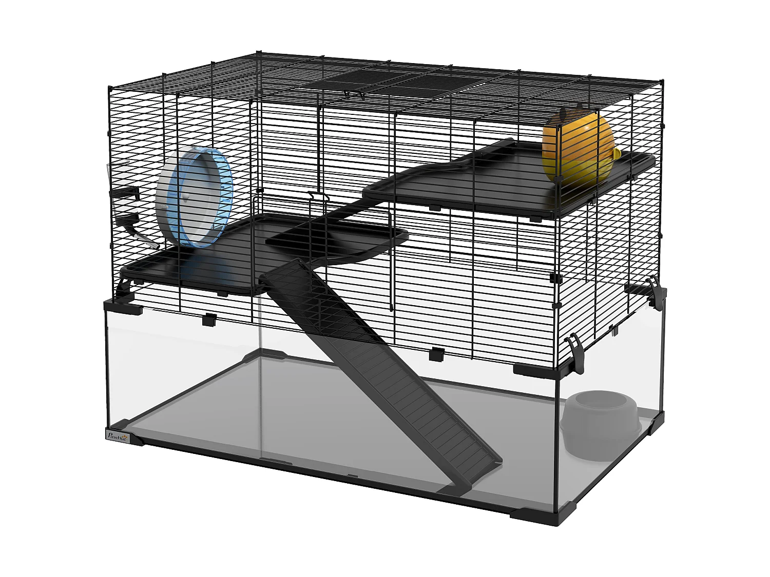 Cage hamster rongeur 3 niveaux 76 x 48 x 54 cm - roue, rampes, maisonnette, abreuvoir, mangeoire - noir