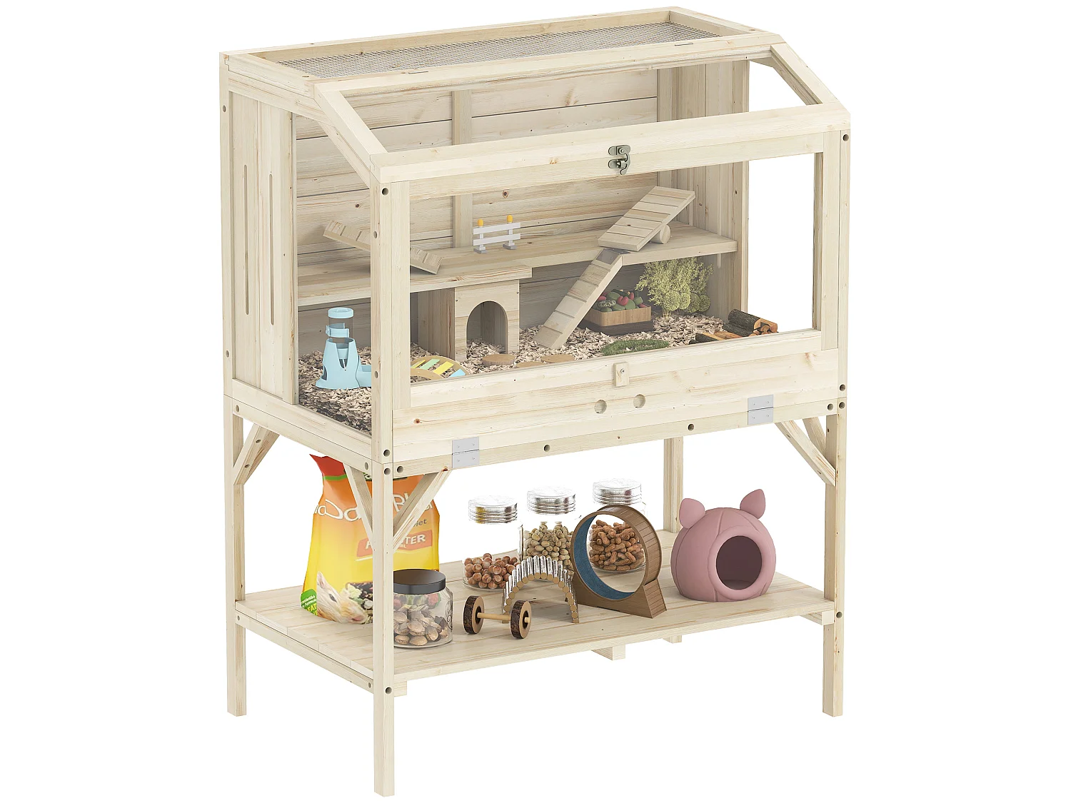 Cage hamster rongeur en bois - 2 niveaux - étagère - accessoires - 84 x 53 x 110 cm