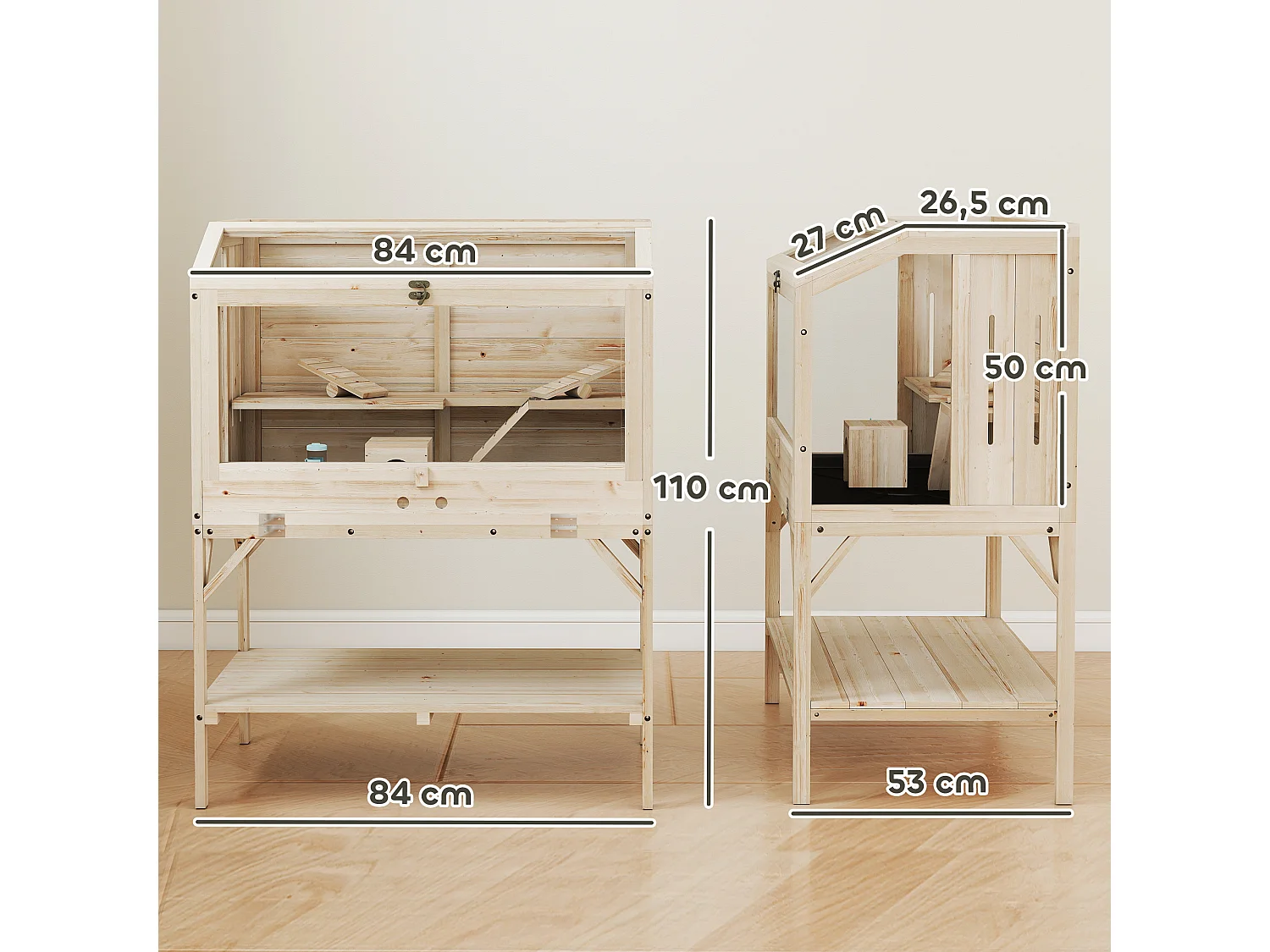 Cage hamster rongeur en bois - 2 niveaux - étagère - accessoires - 84 x 53 x 110 cm