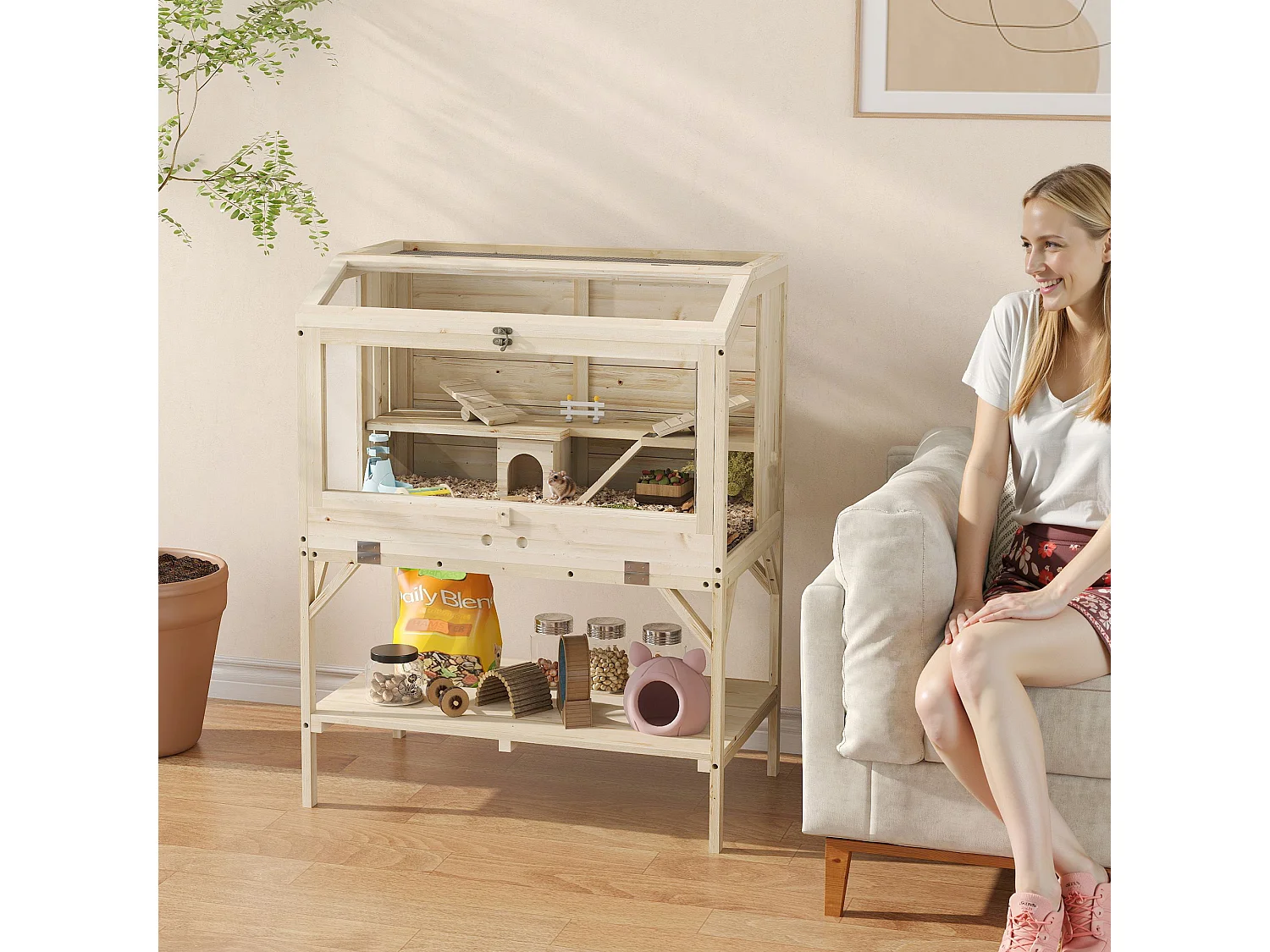 Cage hamster rongeur en bois - 2 niveaux - étagère - accessoires - 84 x 53 x 110 cm