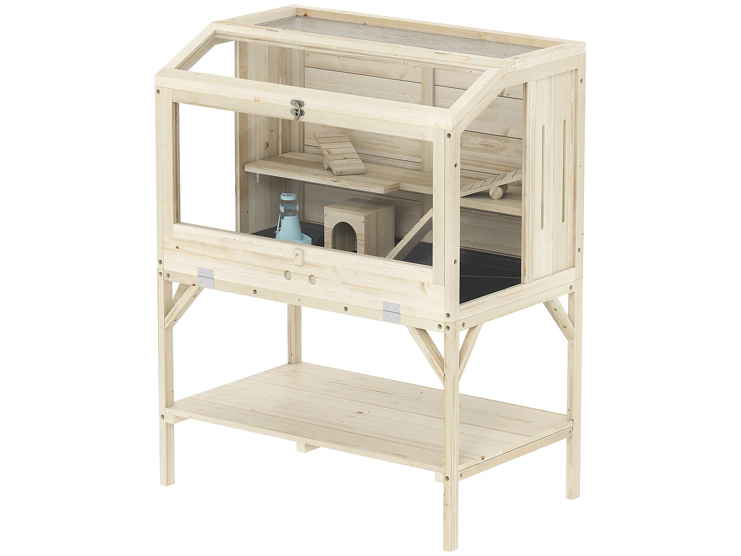 Cage hamster rongeur en bois - 2 niveaux - étagère - accessoires - 84 x 53 x 110 cm