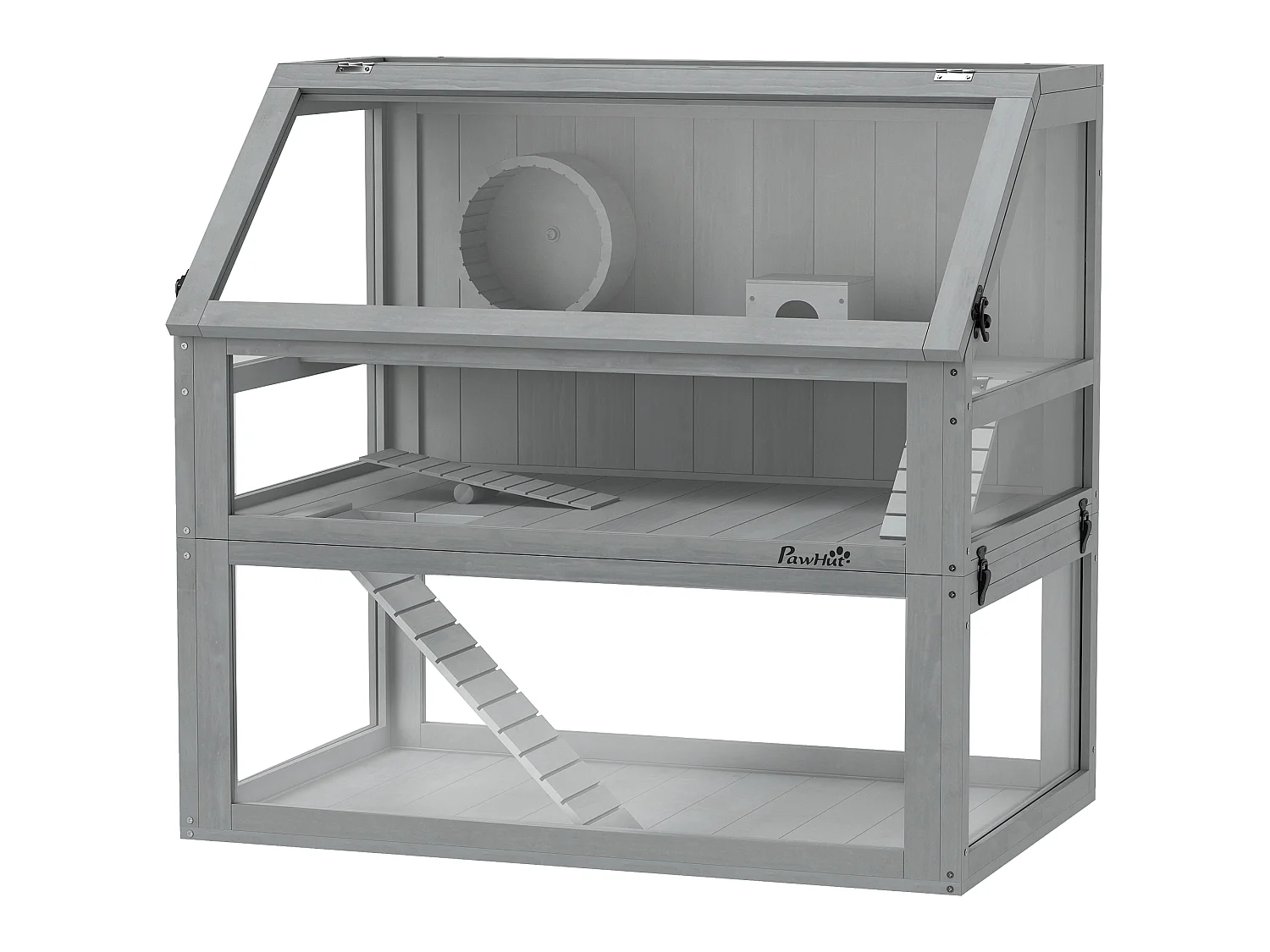 Cage rongeur hamster en bois dim.80x50x76cm 3 niveaux rampes roue bascule cabane gris