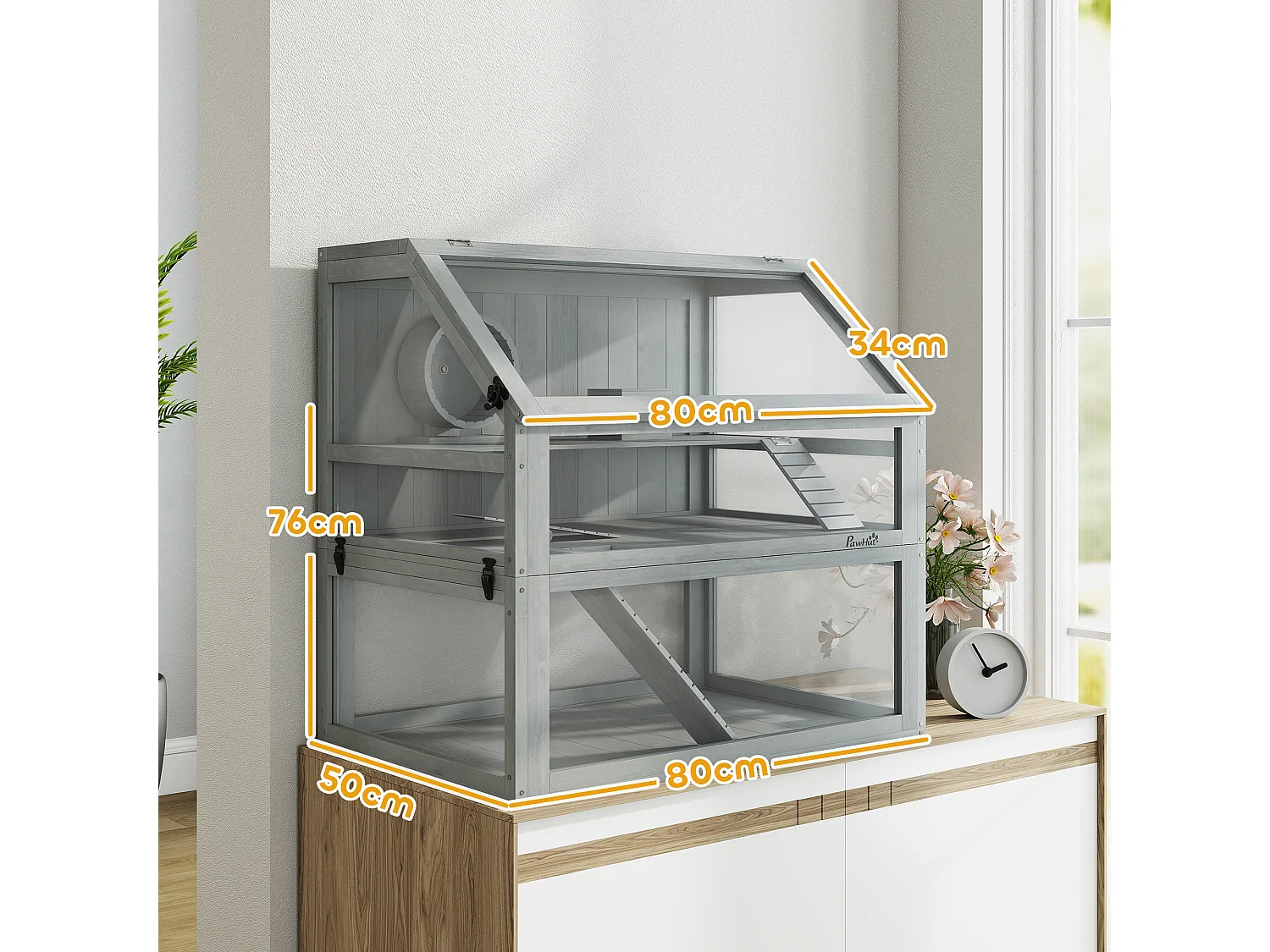 Cage rongeur hamster en bois dim.80x50x76cm 3 niveaux rampes roue bascule cabane gris