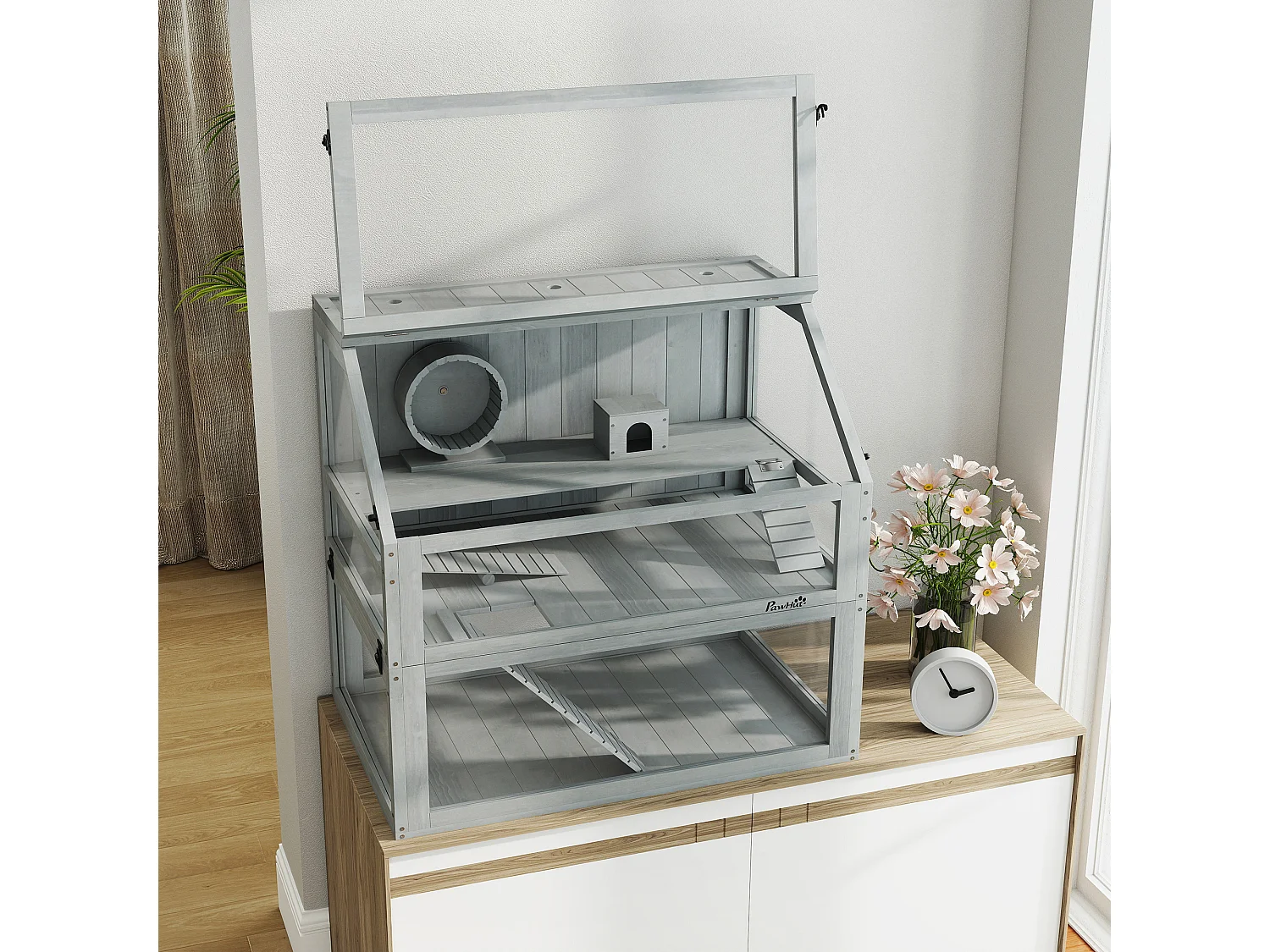Cage rongeur hamster en bois dim.80x50x76cm 3 niveaux rampes roue bascule cabane gris