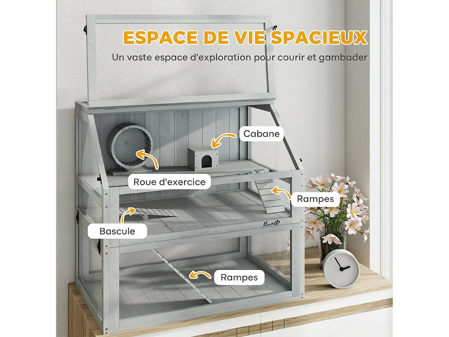 Cage rongeur hamster en bois dim.80x50x76cm 3 niveaux rampes roue bascule cabane gris