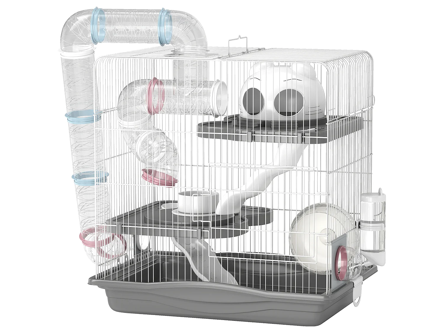 Cage rongeur hamster 3 niveaux cabane roue tunnel toboggan biberon mangeoire 45 x 30 x 45 cm blanc gris