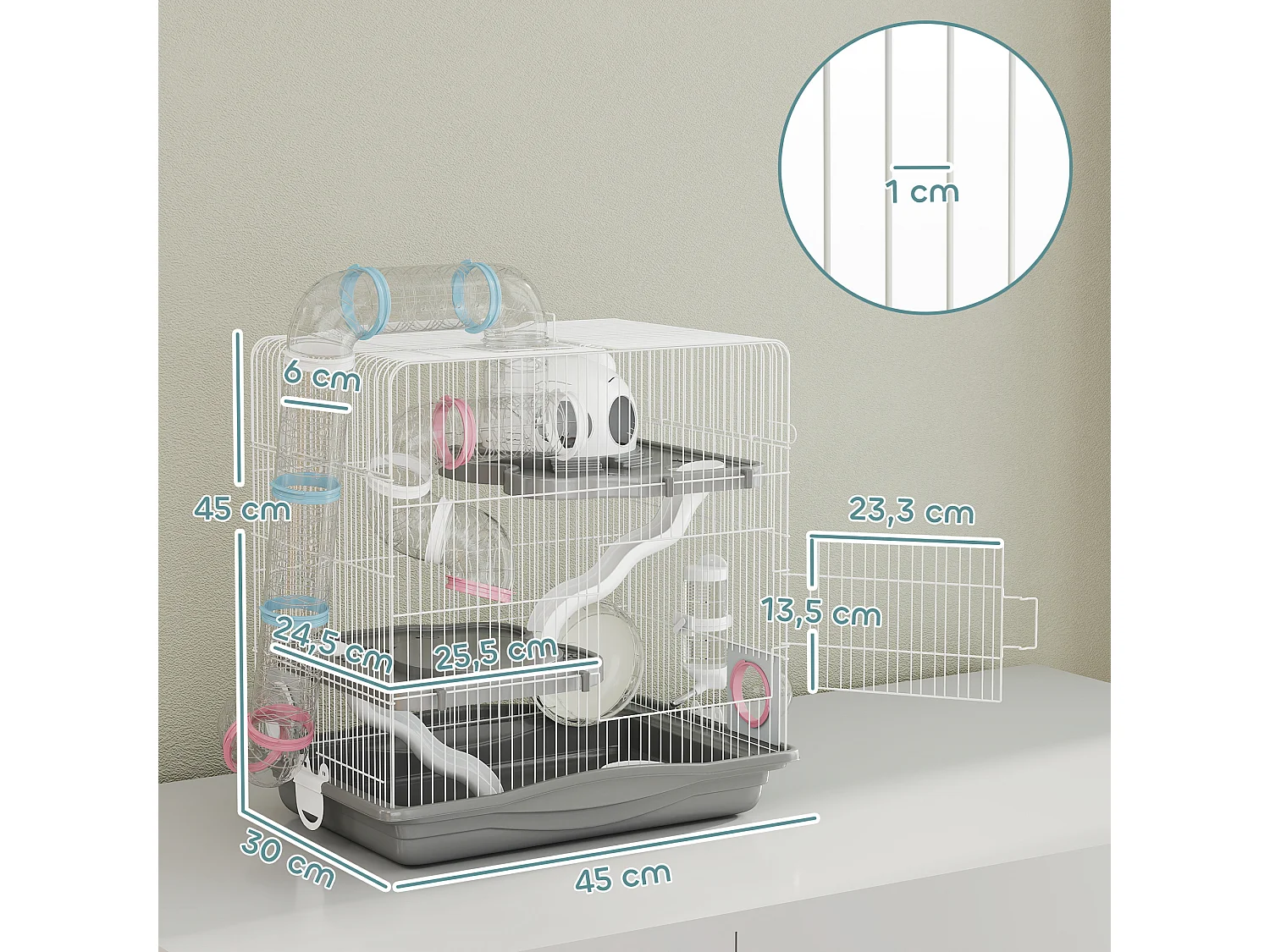Cage rongeur hamster 3 niveaux cabane roue tunnel toboggan biberon mangeoire 45 x 30 x 45 cm blanc gris