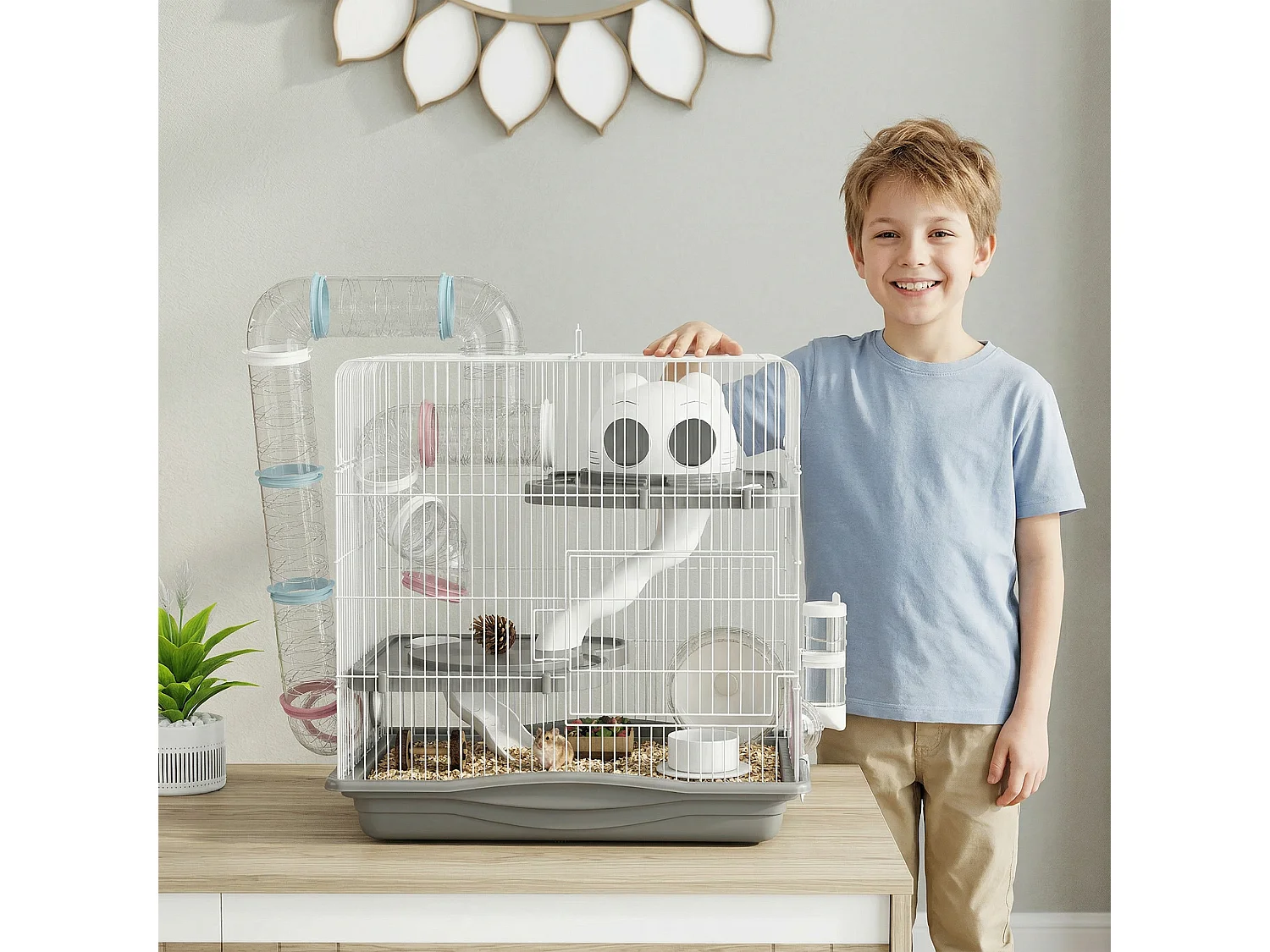 Cage rongeur hamster 3 niveaux cabane roue tunnel toboggan biberon mangeoire 45 x 30 x 45 cm blanc gris