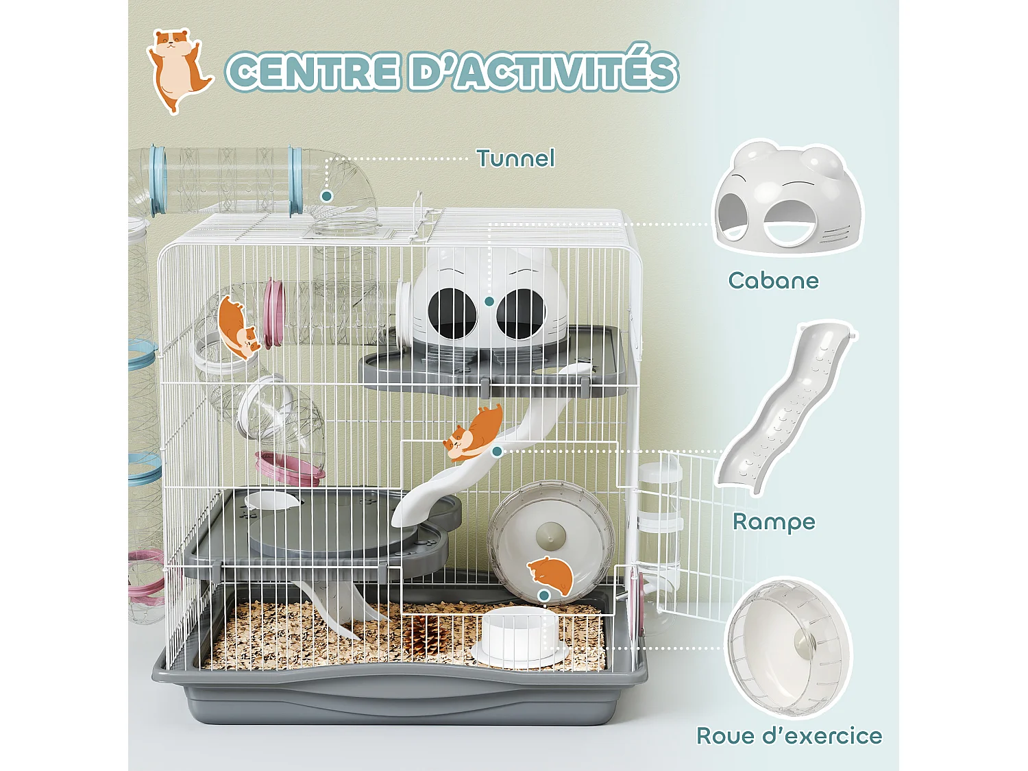 Cage rongeur hamster 3 niveaux cabane roue tunnel toboggan biberon mangeoire 45 x 30 x 45 cm blanc gris