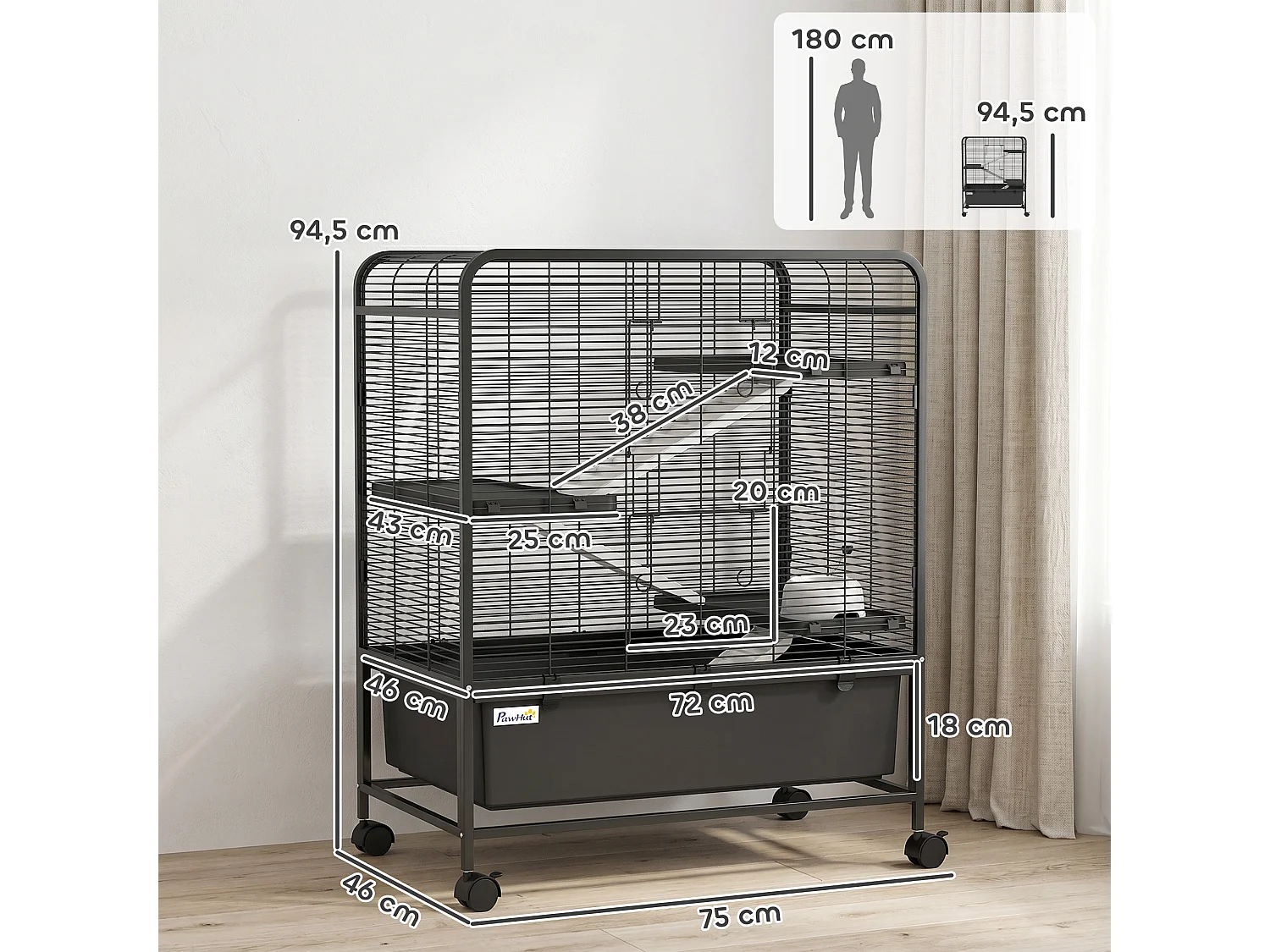 Cage mobile hamster rongeur furet 4 niveaux 2 portes 3 rampes bac profond amovible noir