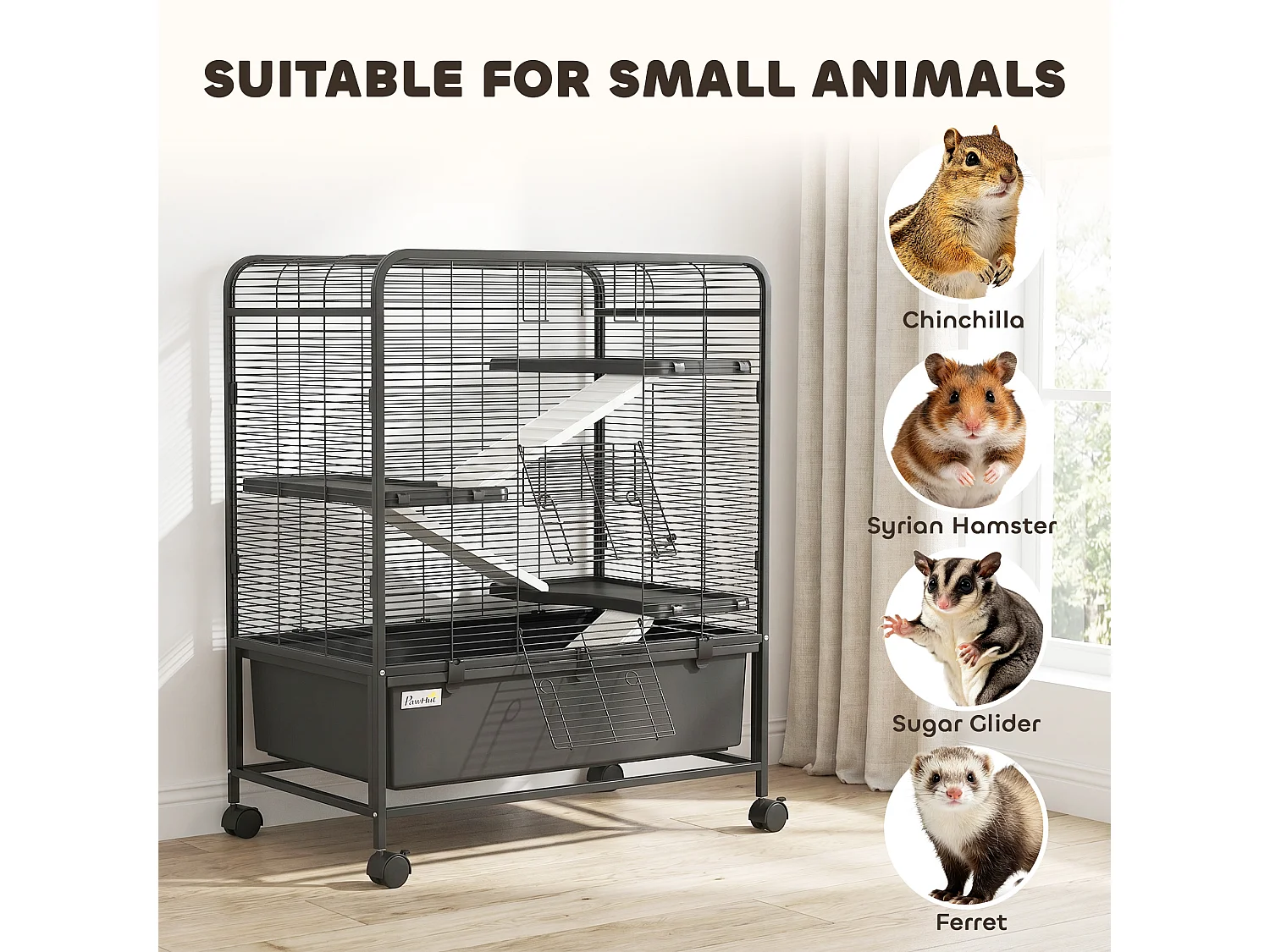 Cage mobile hamster rongeur furet 4 niveaux 2 portes 3 rampes bac profond amovible noir