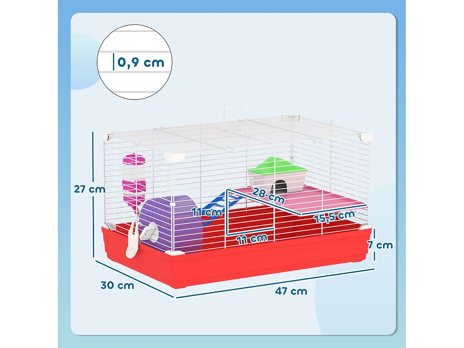 Cage rongeur hamster 2 niveaux cabane roue échelle biberon mangeoire 47 x 30 x 27 cm blanc rouge
