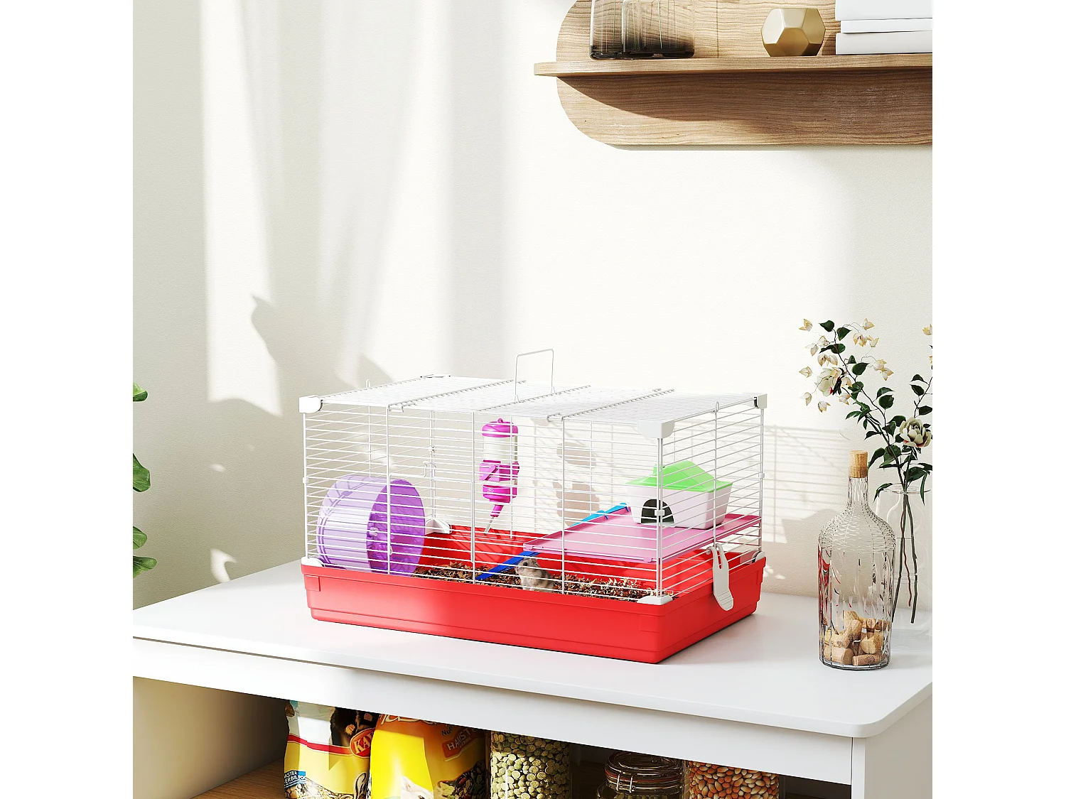 Cage rongeur hamster 2 niveaux cabane roue échelle biberon mangeoire 47 x 30 x 27 cm blanc rouge