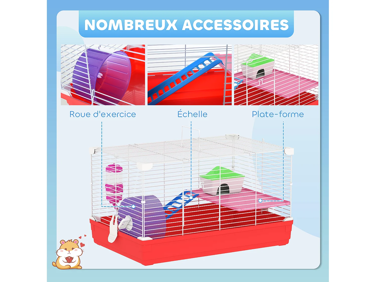 Cage rongeur hamster 2 niveaux cabane roue échelle biberon mangeoire 47 x 30 x 27 cm blanc rouge