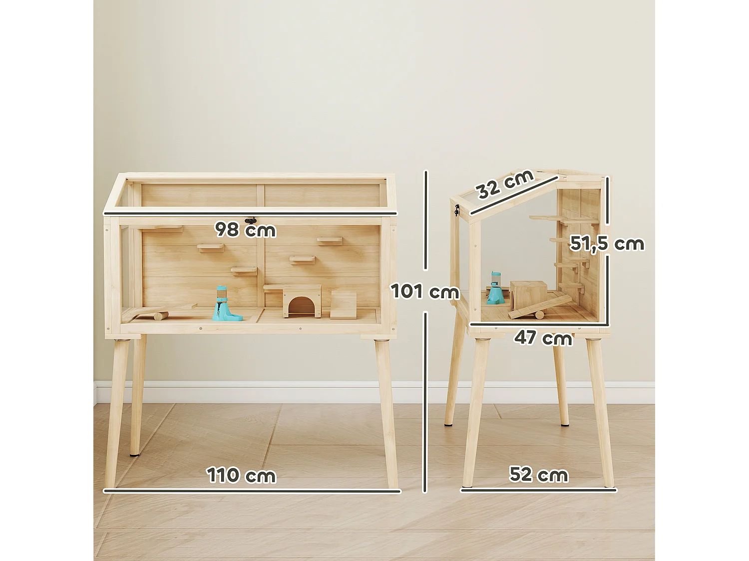 Cage hamster rongeur en bois plexiglas - 7 plateformes - multi-accessoires - 110 x 52 x 101 cm