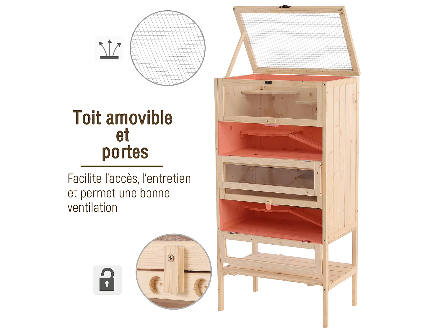 Cage pour hamsters souris petits rongeurs multi-niveaux 5 étages 10 plateformes bois de pin 60 x 40 x 120 cm