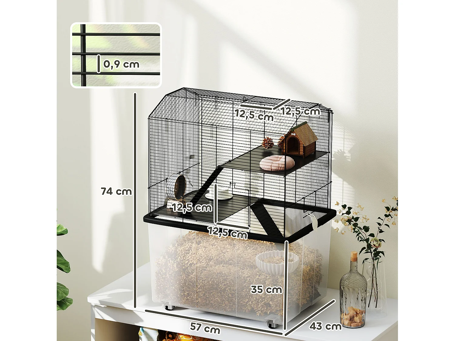 Cage rongeur hamster 3 étages - roulettes, plateforme, échelle, accessoires - PP transparent acier noir