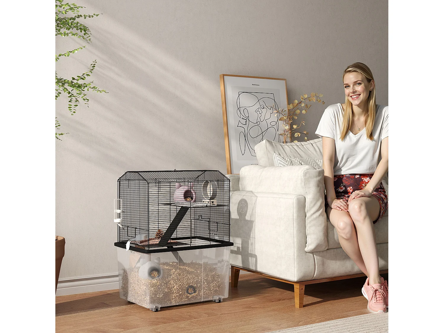 Cage rongeur hamster 3 étages - roulettes, plateforme, échelle, accessoires - PP transparent acier noir