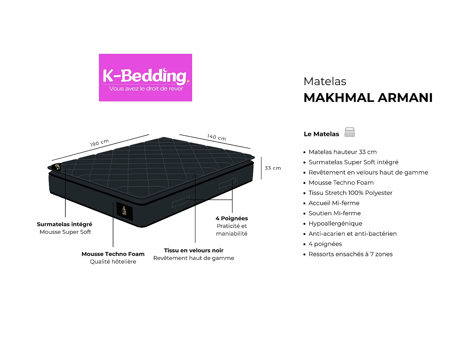 Matelas Makhmal armani 140x190 cm Hauteur 31 cm Surmatelas Intégré ressorts ensachés 7 Zones Confort Hôtel Luxe