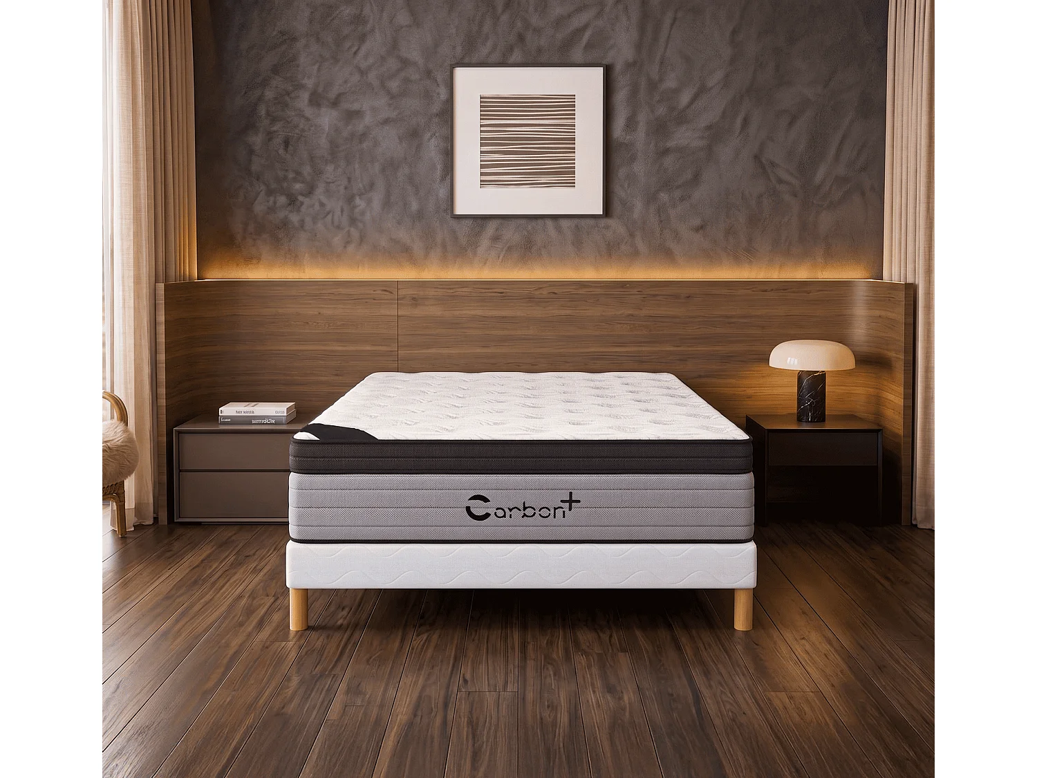 Matelas CARBON+ 200x200 cm Hauteur 31 cm Fibres Carbone Super Soft Foam ressorts ensaches 7 zones Accueil équilibré