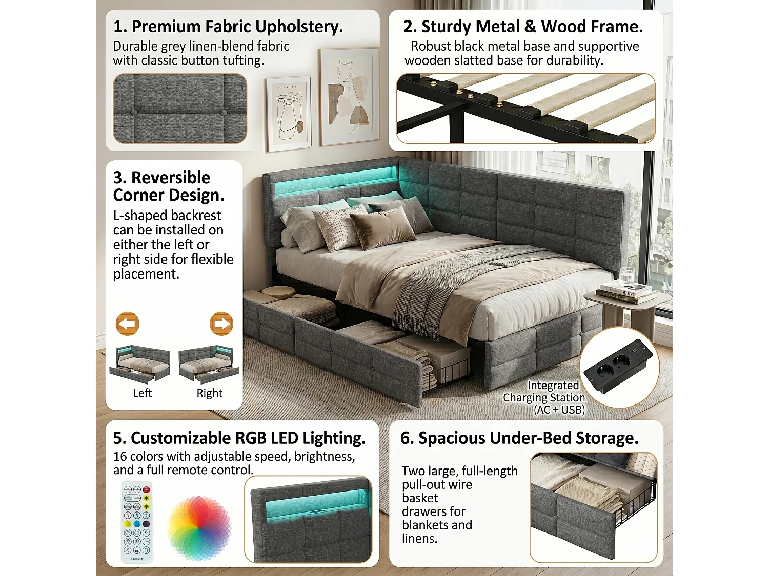 DreamMespace Lit Banquette 90x200 cm - Lit Coffre L-Forme avec 2 Tiroirs, Montage Gauche/Droite Réversible, LED RGB & Chargeur USB AC, Tissu Lin Gris