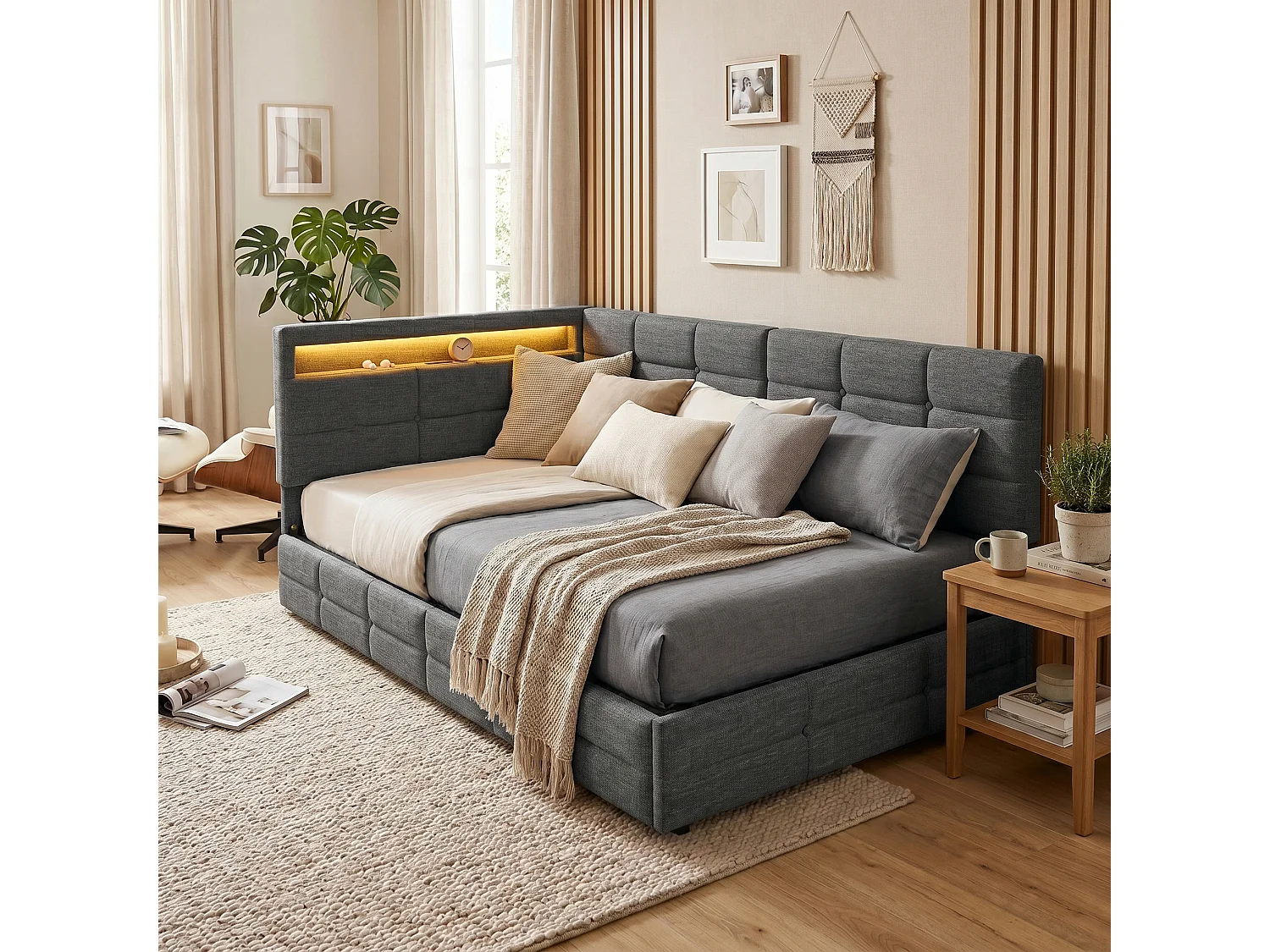 DreamMespace Lit Banquette 90x200 cm - Lit Coffre L-Forme avec 2 Tiroirs, Montage Gauche/Droite Réversible, LED RGB & Chargeur USB AC, Tissu Lin Gris