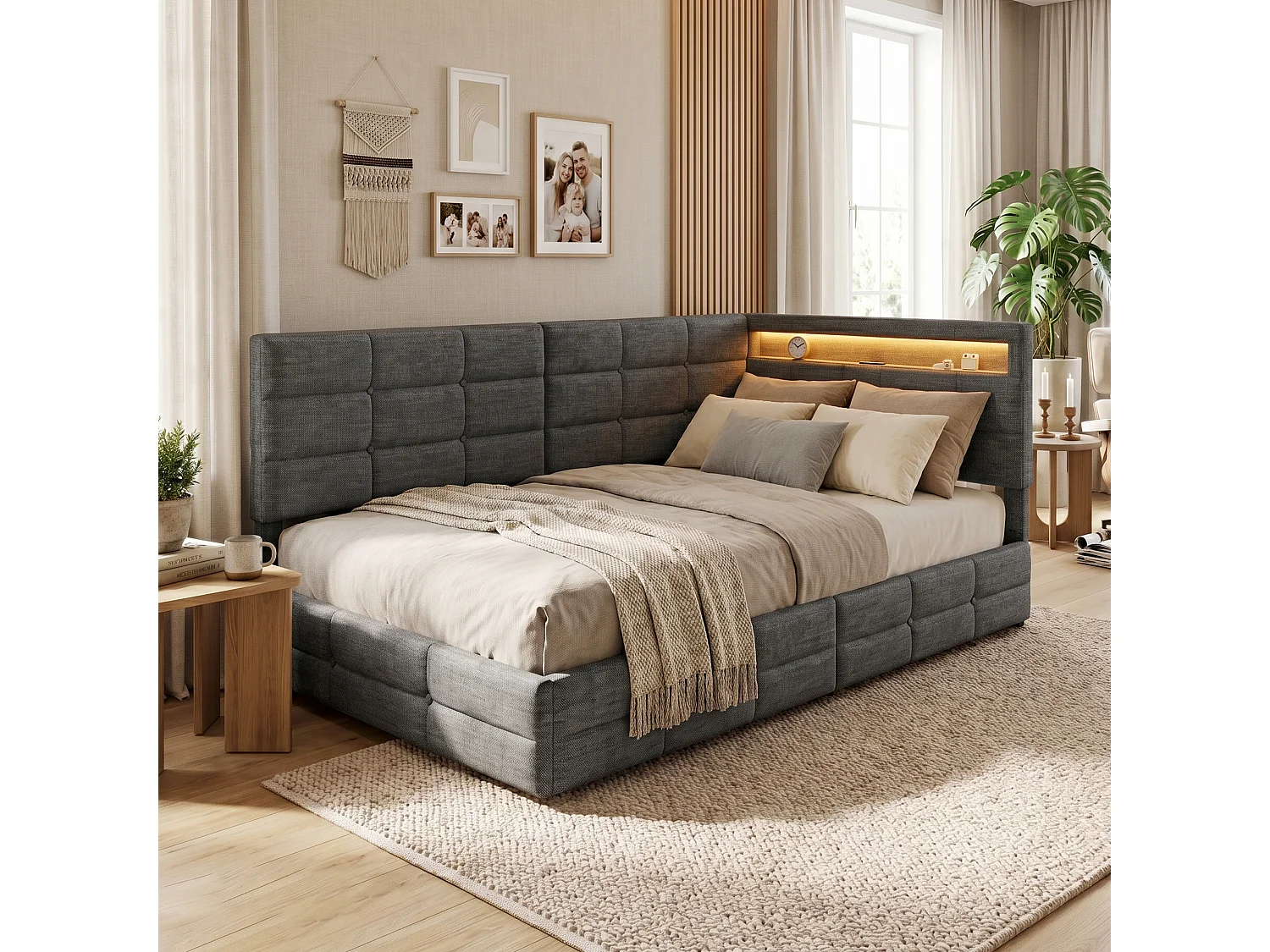 DreamMespace Lit Banquette 90x200 cm - Lit Coffre L-Forme avec 2 Tiroirs, Montage Gauche/Droite Réversible, LED RGB & Chargeur USB AC, Tissu Lin Gris