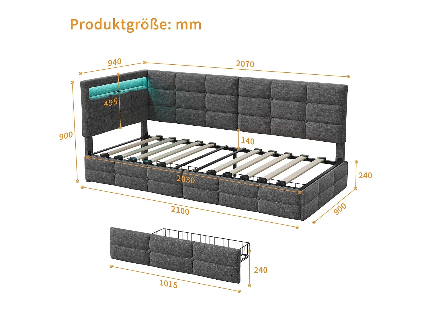 DreamMespace Lit Banquette 90x200 cm - Lit Coffre L-Forme avec 2 Tiroirs, Montage Gauche/Droite Réversible, LED RGB & Chargeur USB AC, Tissu Lin Gris