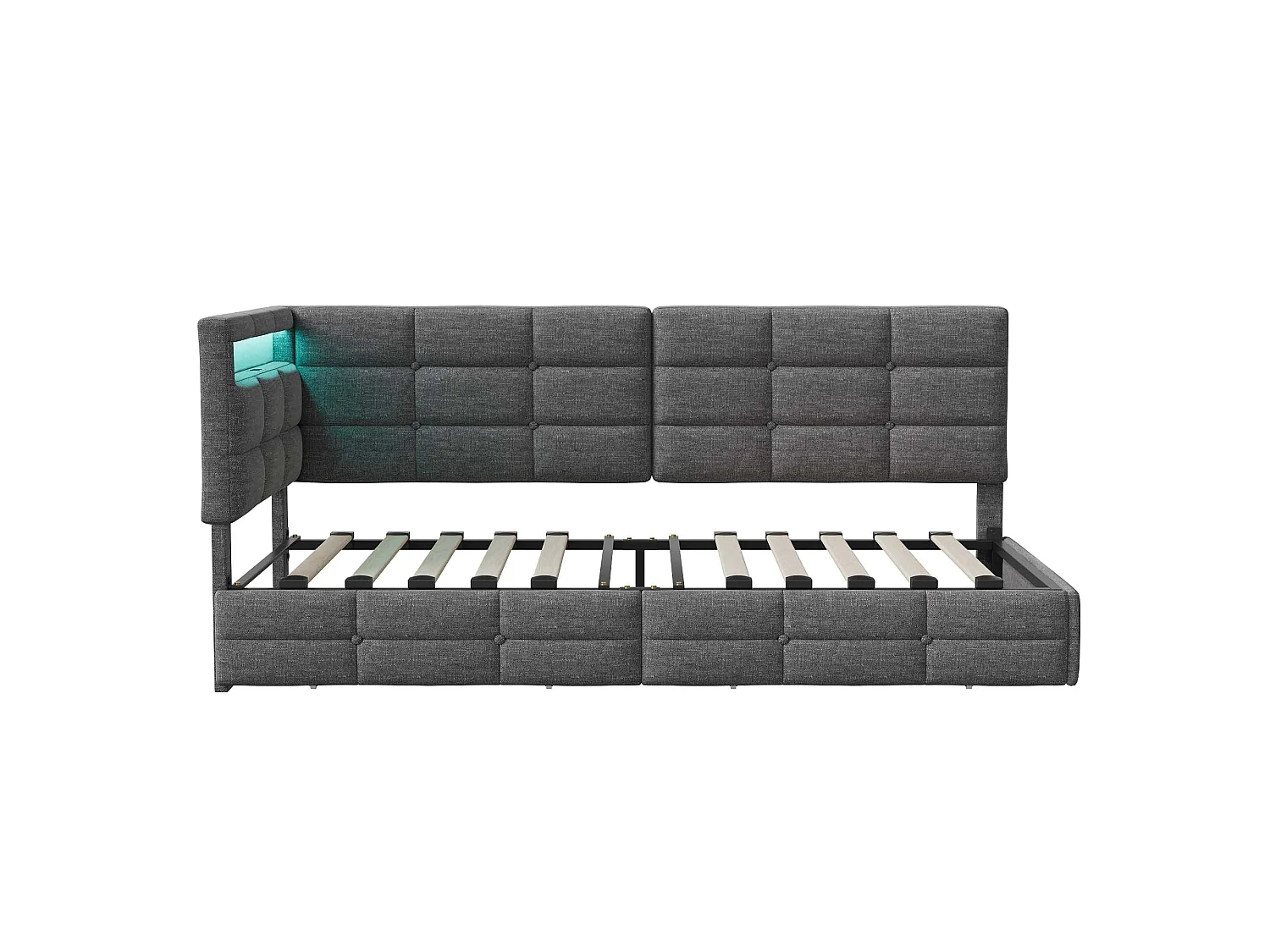 DreamMespace Lit Banquette 90x200 cm - Lit Coffre L-Forme avec 2 Tiroirs, Montage Gauche/Droite Réversible, LED RGB & Chargeur USB AC, Tissu Lin Gris