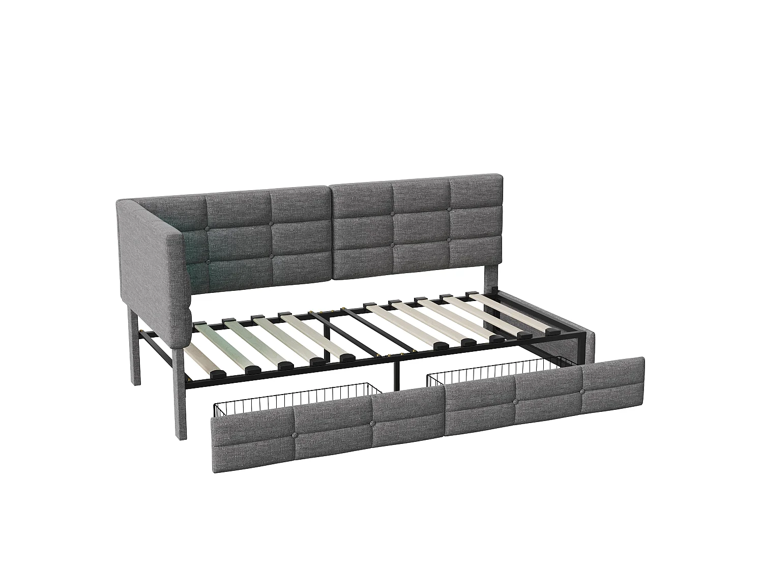 DreamMespace Lit Banquette 90x200 cm - Lit Coffre L-Forme avec 2 Tiroirs, Montage Gauche/Droite Réversible, LED RGB & Chargeur USB AC, Tissu Lin Gris