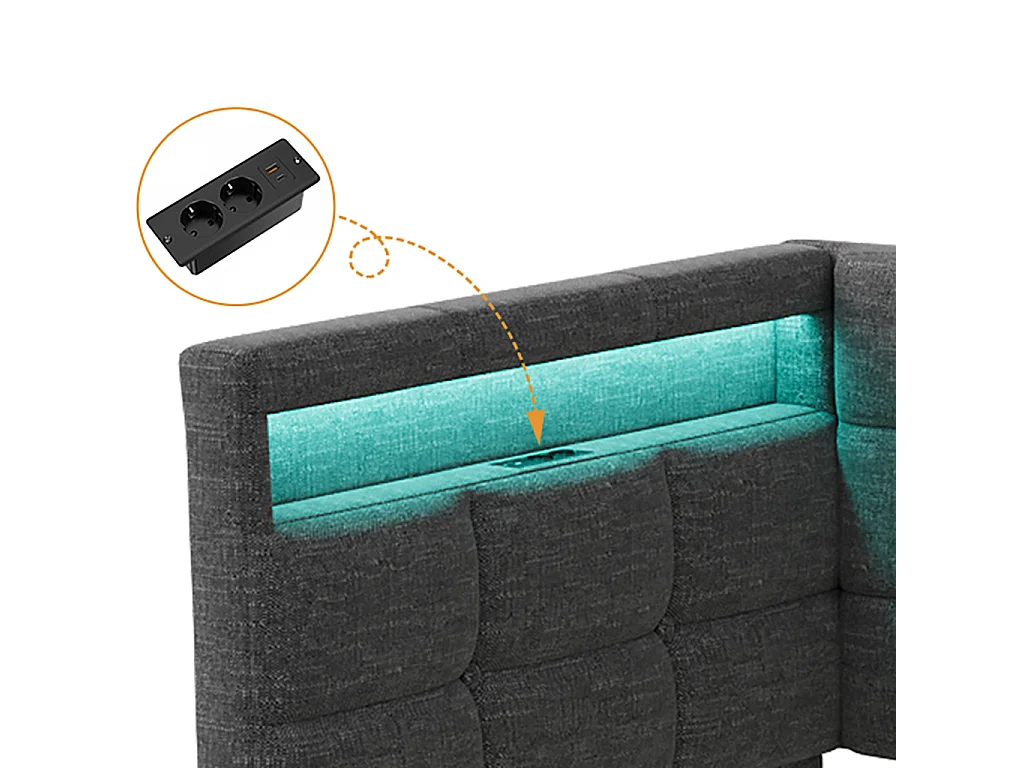 DreamMespace Lit Banquette 90x200 cm - Lit Coffre L-Forme avec 2 Tiroirs, Montage Gauche/Droite Réversible, LED RGB & Chargeur USB AC, Tissu Lin Gris