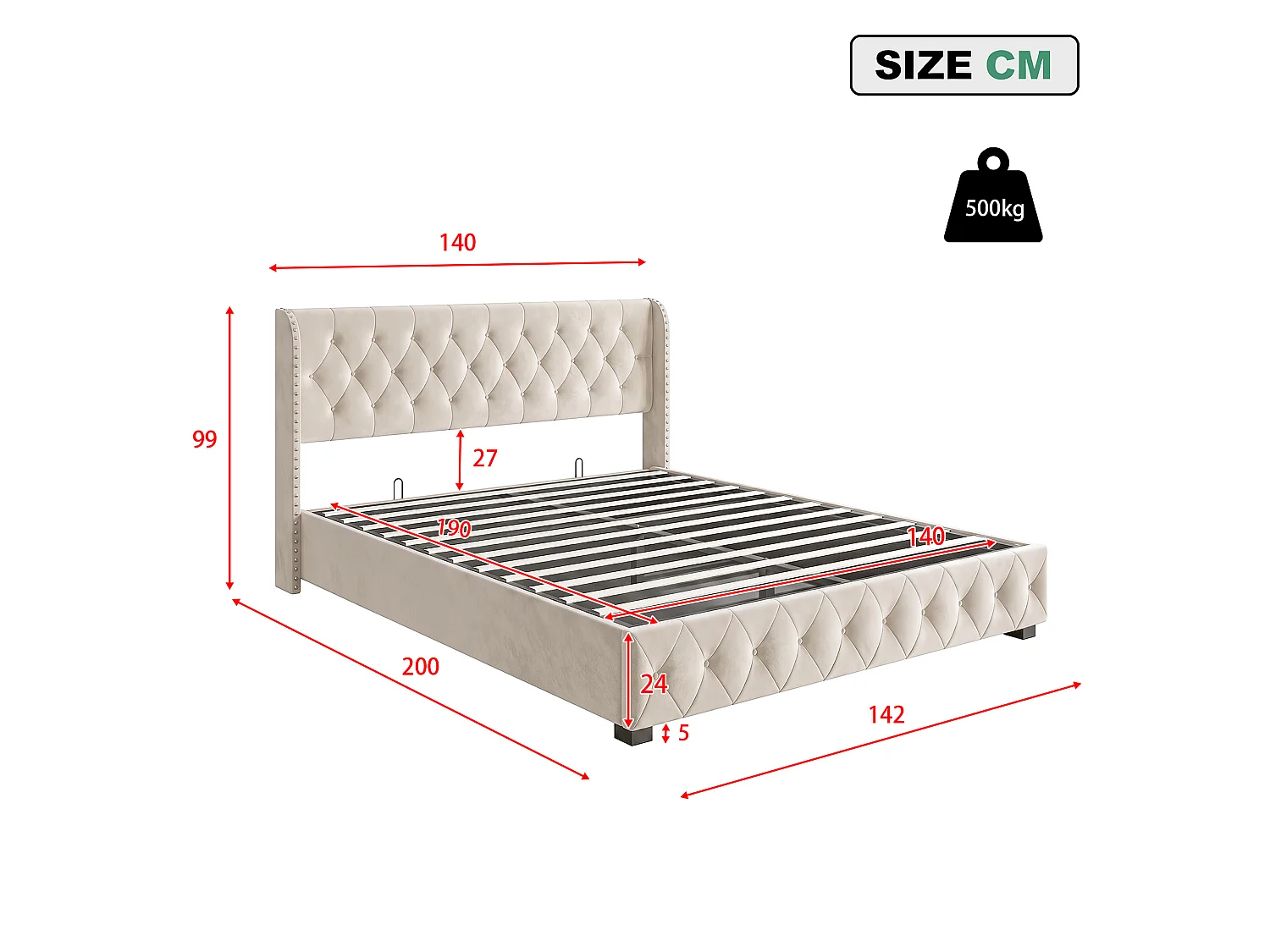 Lit Coffre 140x190 cm avec Tete de lit et sommier à Lattes, Lit Double Rembourré avec Hydraulique Rangement, Velours, sans Matelas, Beige