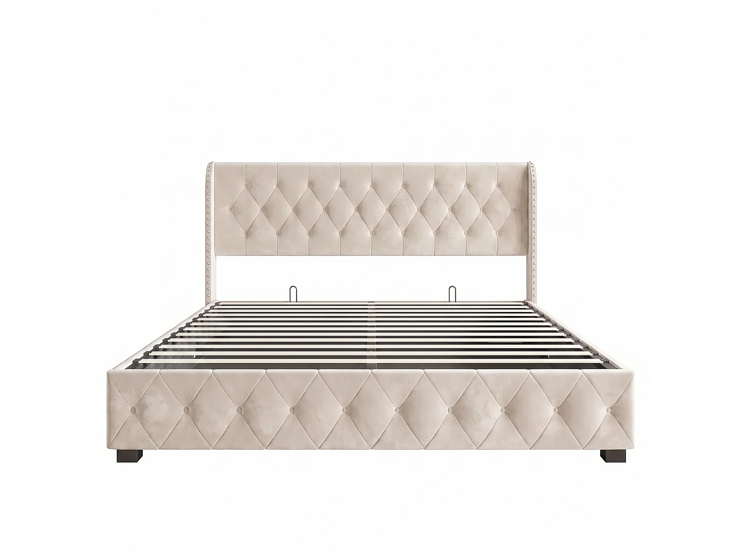 Lit Coffre 140x190 cm avec Tete de lit et sommier à Lattes, Lit Double Rembourré avec Hydraulique Rangement, Velours, sans Matelas, Beige