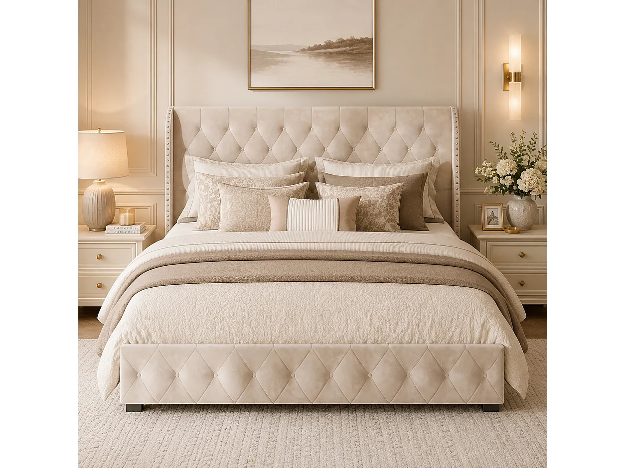 Lit Coffre 140x190 cm avec Tete de lit et sommier à Lattes, Lit Double Rembourré avec Hydraulique Rangement, Velours, sans Matelas, Beige