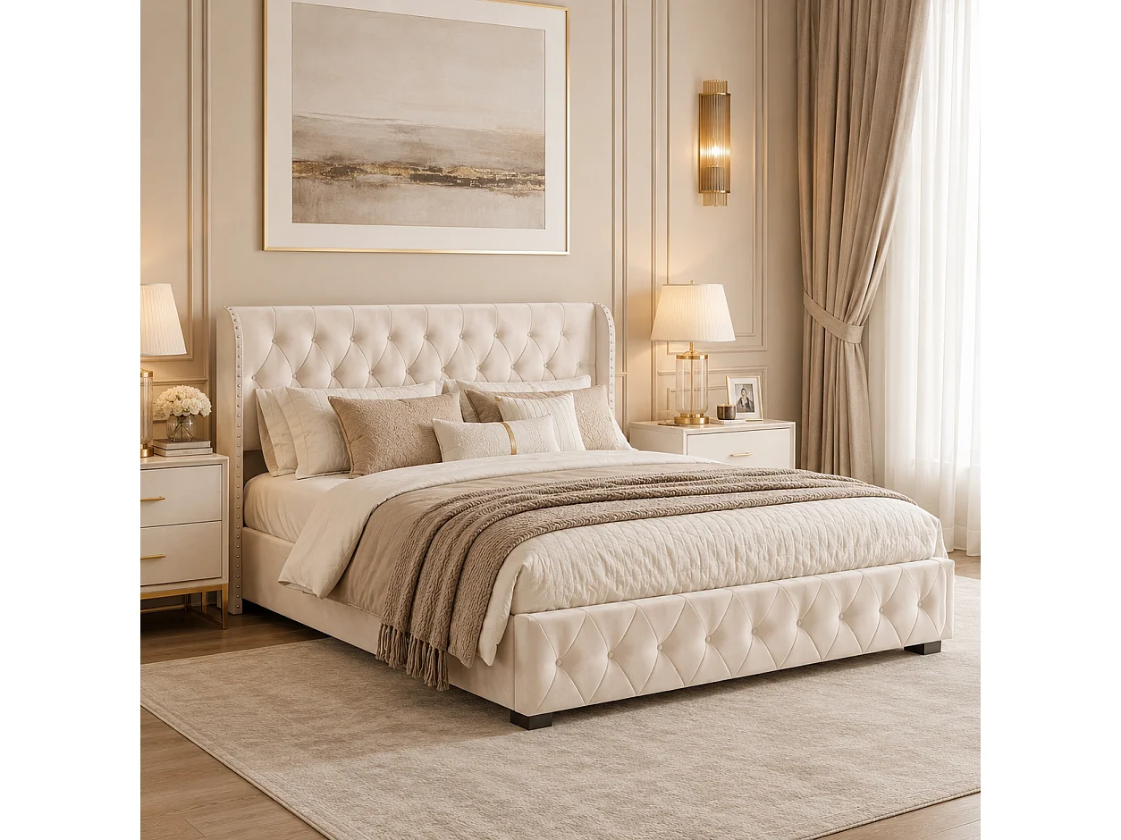 Lit Coffre 140x190 cm avec Tete de lit et sommier à Lattes, Lit Double Rembourré avec Hydraulique Rangement, Velours, sans Matelas, Beige