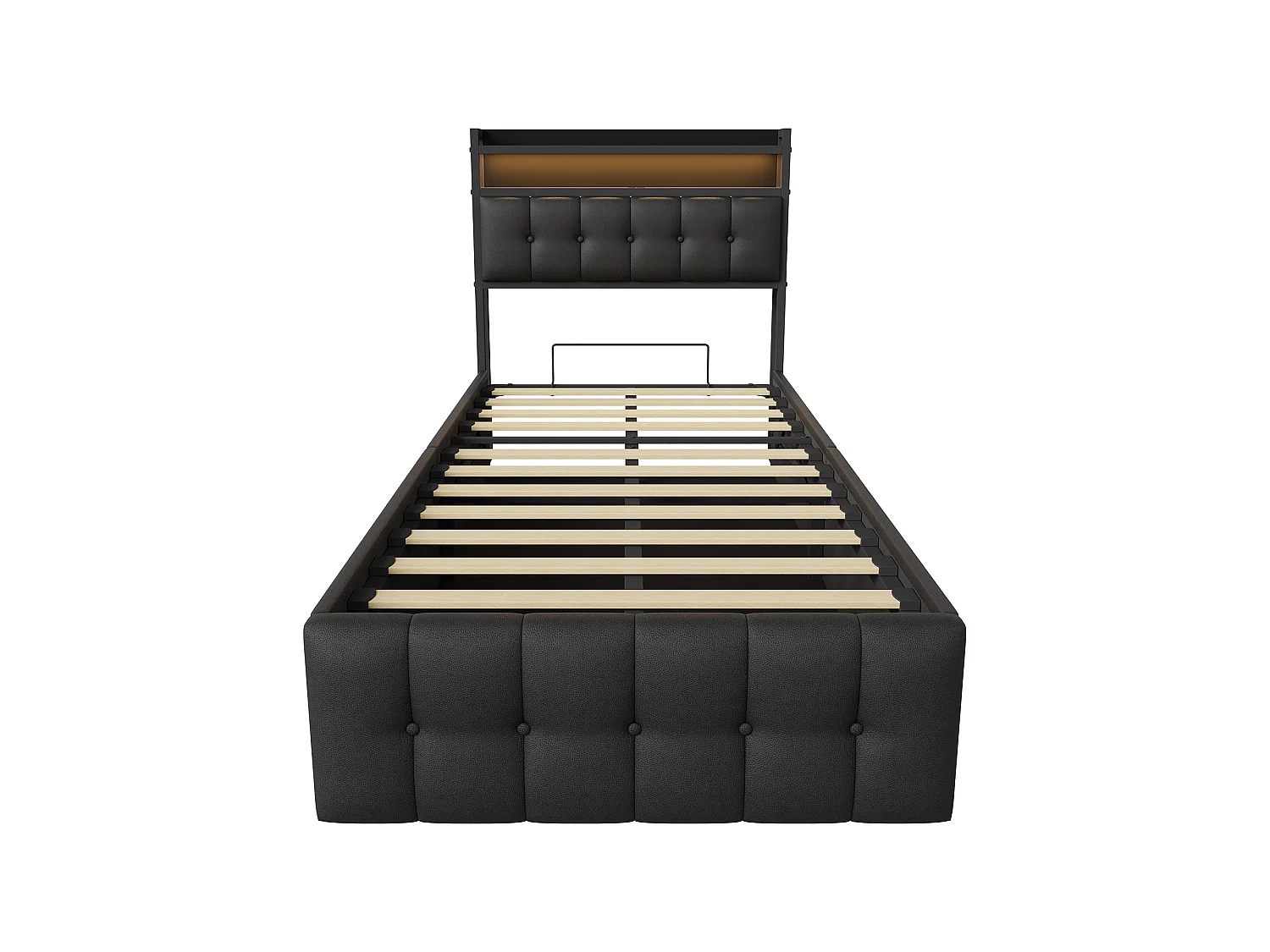 Lit Coffre 90x200 avec éclairage LED et USB, Lit 1 Personne avec Espace de Rangement Hydraulique, Lit Simple avec Sommier à Lattes, sans Matelas, Noir