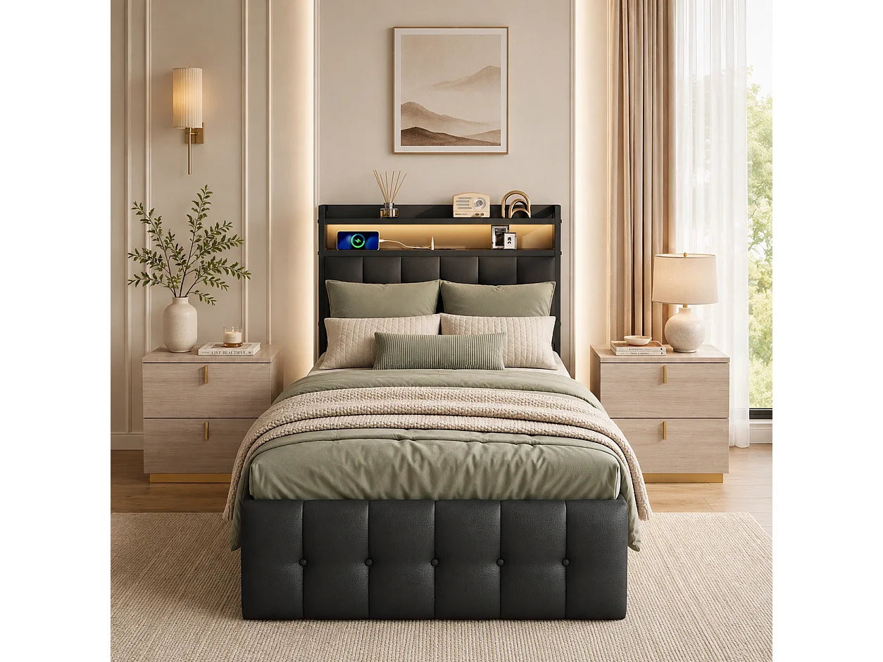 Lit Coffre 90x200 avec éclairage LED et USB, Lit 1 Personne avec Espace de Rangement Hydraulique, Lit Simple avec Sommier à Lattes, sans Matelas, Noir