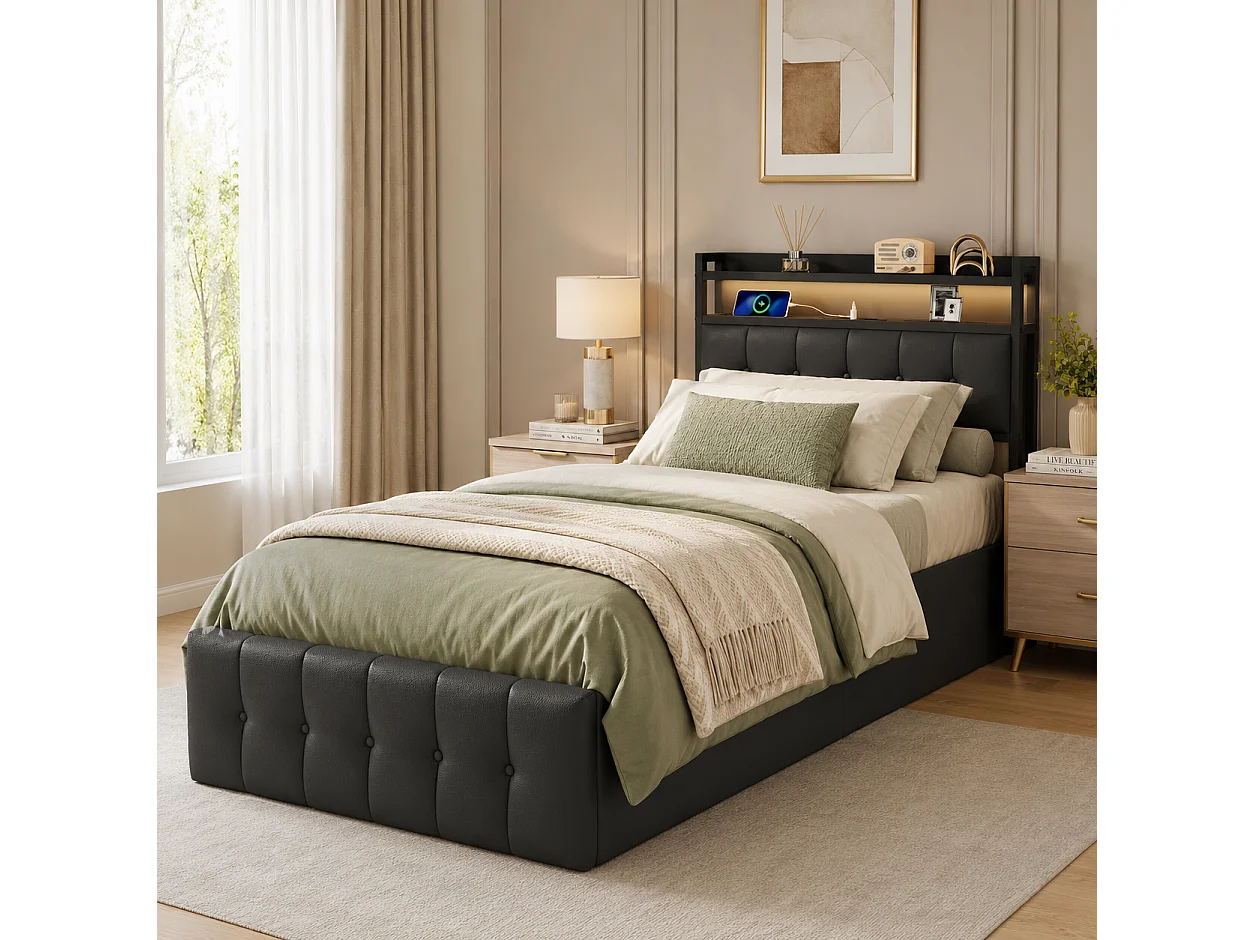Lit Coffre 90x200 avec éclairage LED et USB, Lit 1 Personne avec Espace de Rangement Hydraulique, Lit Simple avec Sommier à Lattes, sans Matelas, Noir