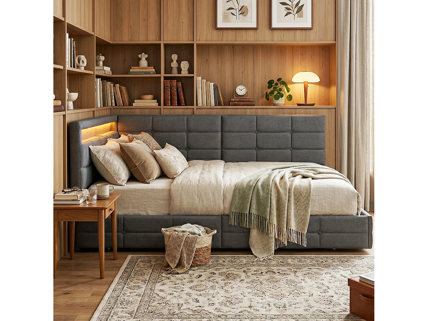 DreamMespace Lit Coffre Double 140x190 cm - Lit Méridienne en L avec 2 Tiroirs, Montage Réversible, LED RGB Connectée & Chargeur USB AC, Tissu Lin Gris