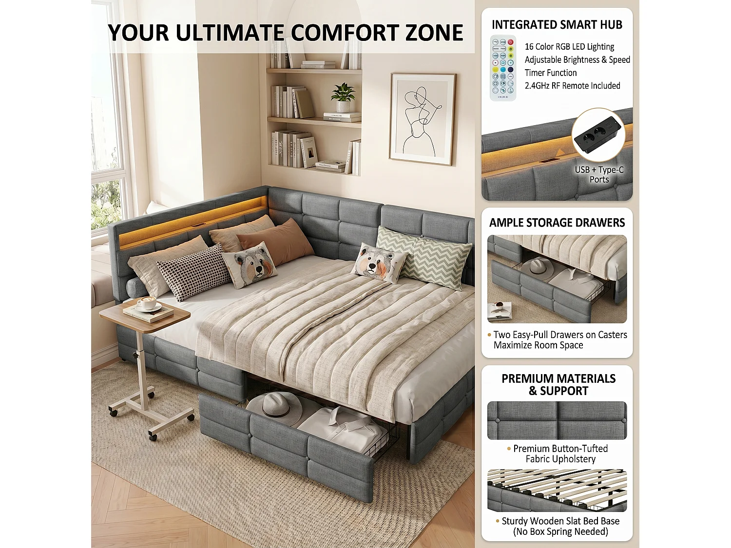 DreamMespace Lit Coffre Double 140x190 cm - Lit Méridienne en L avec 2 Tiroirs, Montage Réversible, LED RGB Connectée & Chargeur USB AC, Tissu Lin Gris