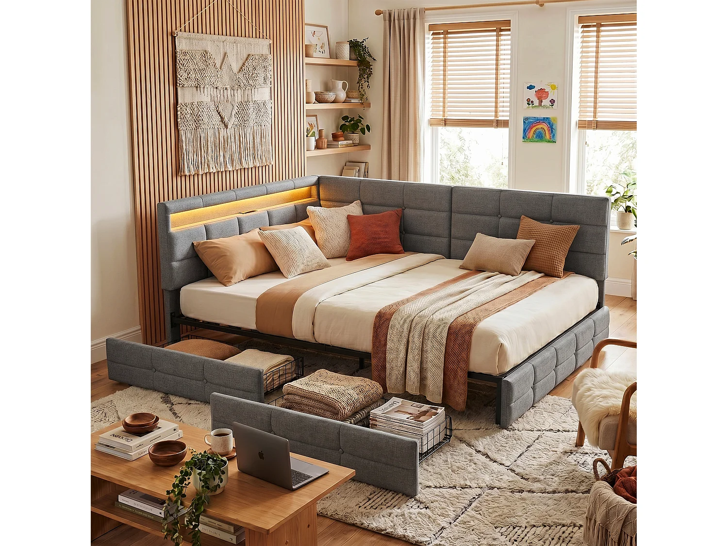 DreamMespace Lit Coffre Double 140x190 cm - Lit Méridienne en L avec 2 Tiroirs, Montage Réversible, LED RGB Connectée & Chargeur USB AC, Tissu Lin Gris