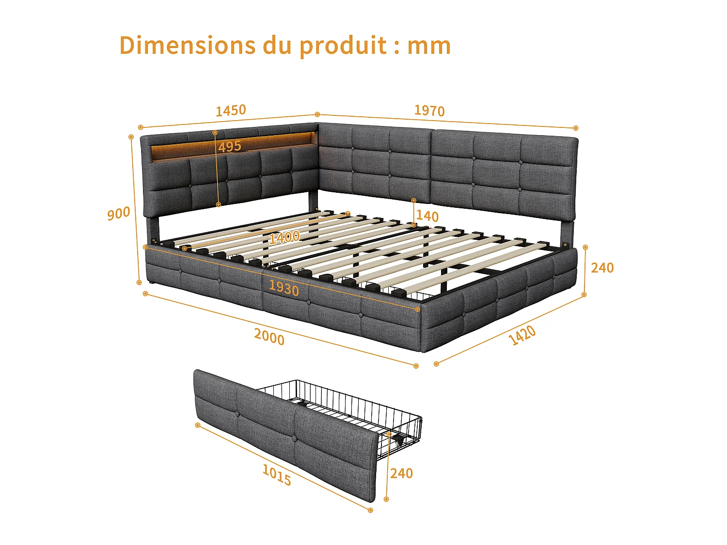 DreamMespace Lit Coffre Double 140x190 cm - Lit Méridienne en L avec 2 Tiroirs, Montage Réversible, LED RGB Connectée & Chargeur USB AC, Tissu Lin Gris