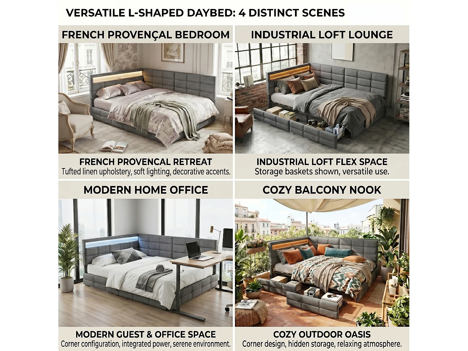 DreamMespace Lit Coffre Double 140x190 cm - Lit Méridienne en L avec 2 Tiroirs, Montage Réversible, LED RGB Connectée & Chargeur USB AC, Tissu Lin Gris