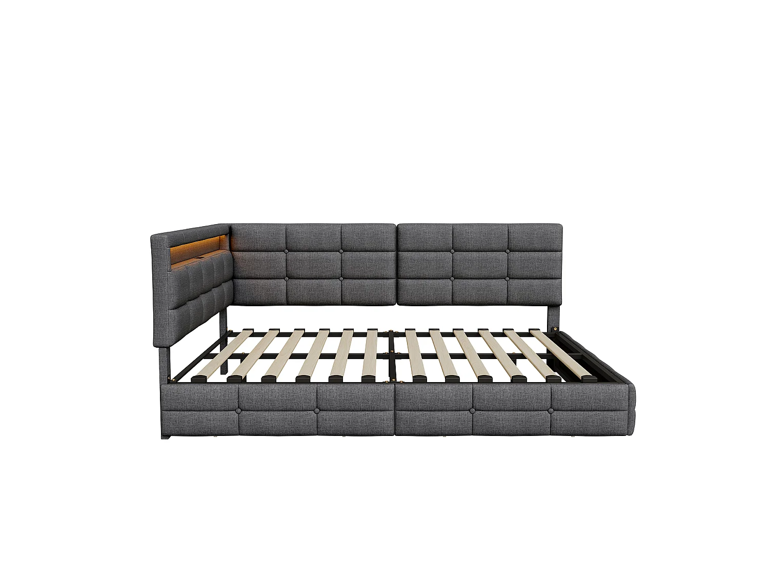 DreamMespace Lit Coffre Double 140x190 cm - Lit Méridienne en L avec 2 Tiroirs, Montage Réversible, LED RGB Connectée & Chargeur USB AC, Tissu Lin Gris