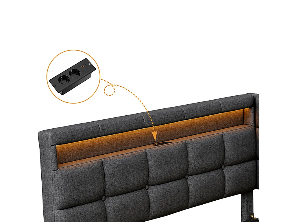 DreamMespace Lit Coffre Double 140x190 cm - Lit Méridienne en L avec 2 Tiroirs, Montage Réversible, LED RGB Connectée & Chargeur USB AC, Tissu Lin Gris
