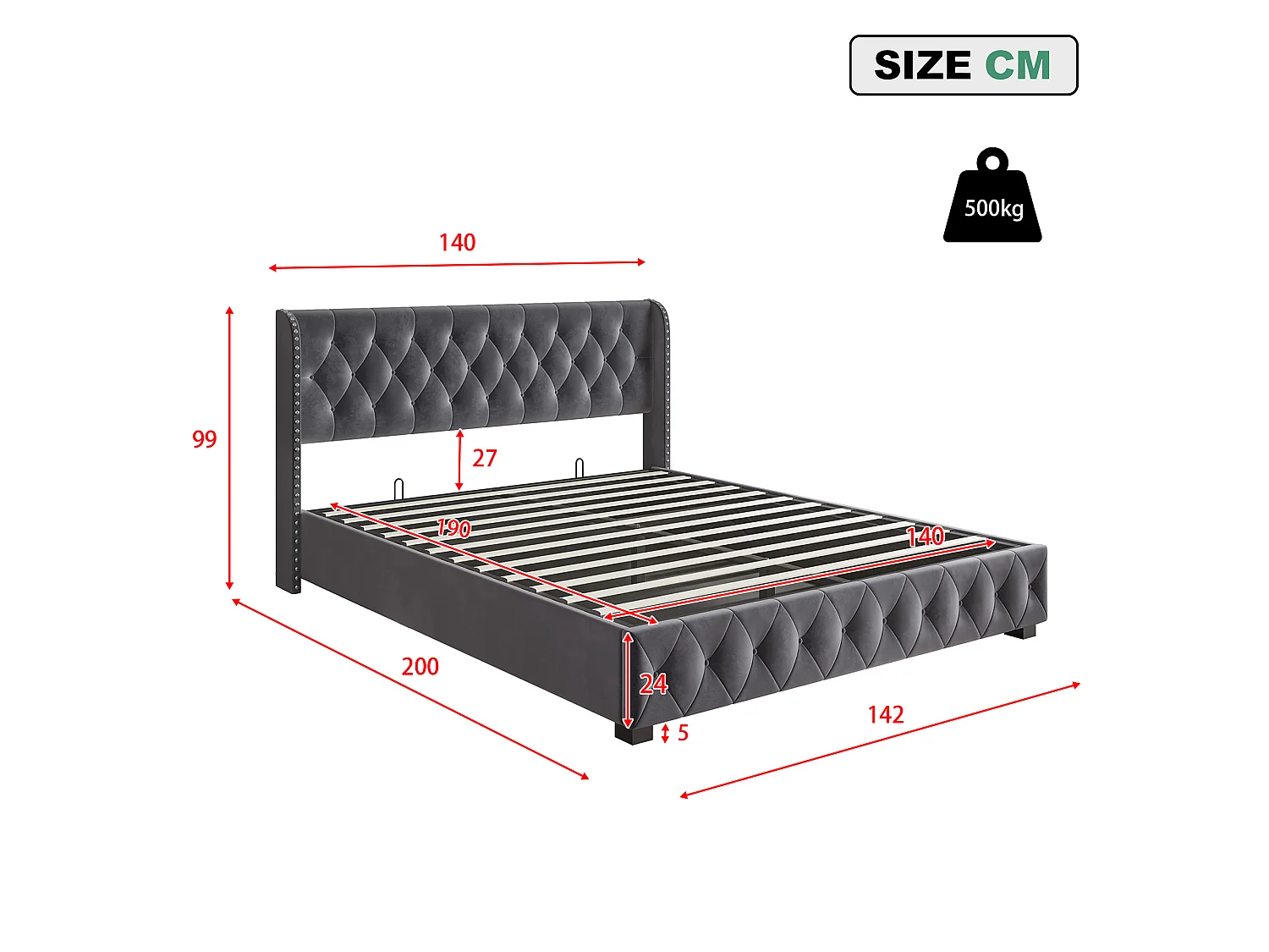 Lit Coffre 140x190 cm avec Tete de lit et sommier à Lattes, Lit Double Rembourré avec Hydraulique Rangement, Velours, sans Matelas, Gris