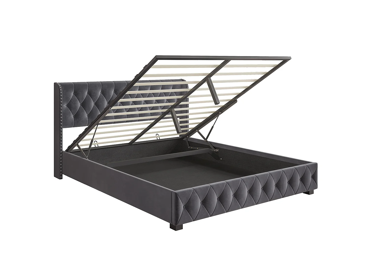 Lit Coffre 140x190 cm avec Tete de lit et sommier à Lattes, Lit Double Rembourré avec Hydraulique Rangement, Velours, sans Matelas, Gris