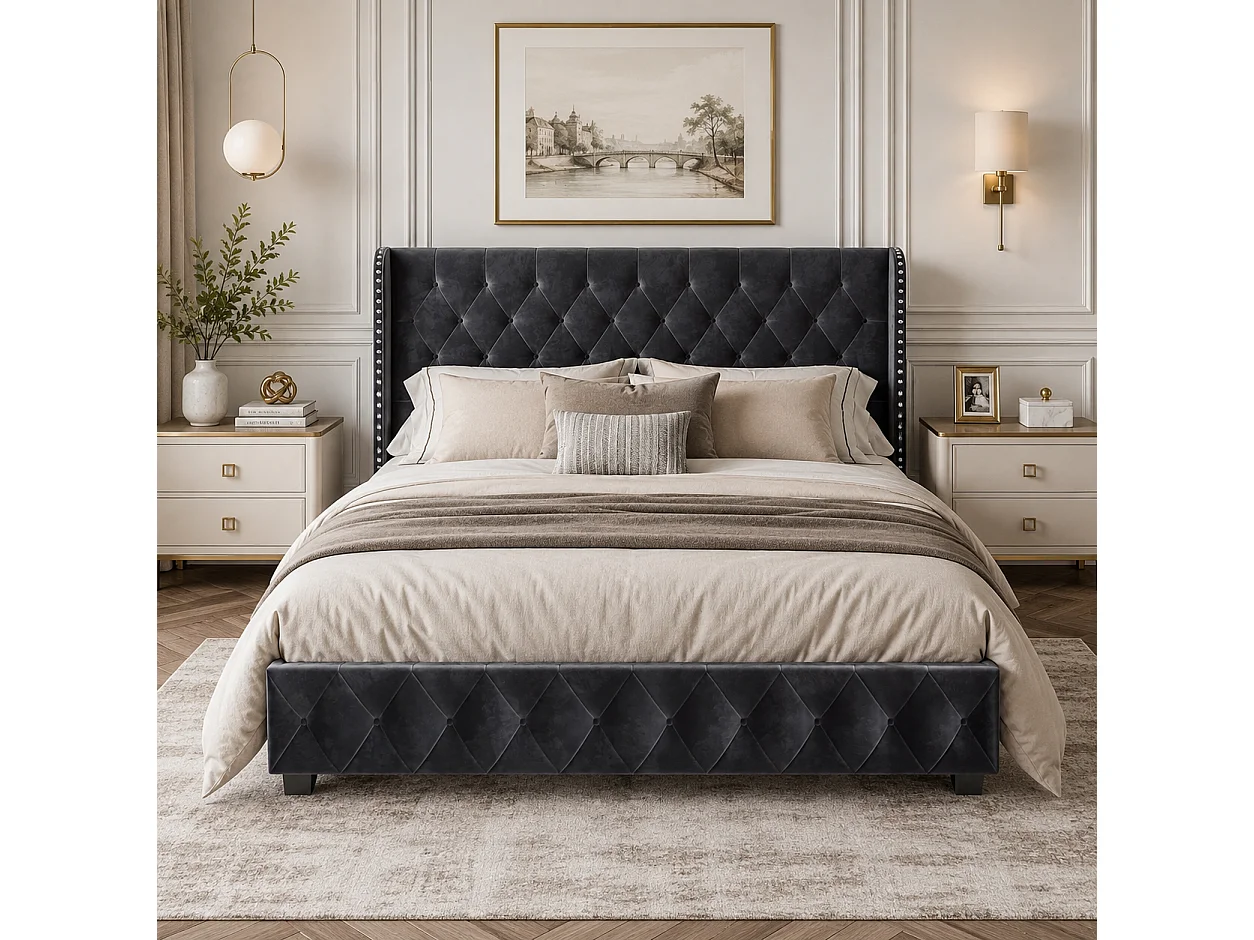 Lit Coffre 140x190 cm avec Tete de lit et sommier à Lattes, Lit Double Rembourré avec Hydraulique Rangement, Velours, sans Matelas, Gris