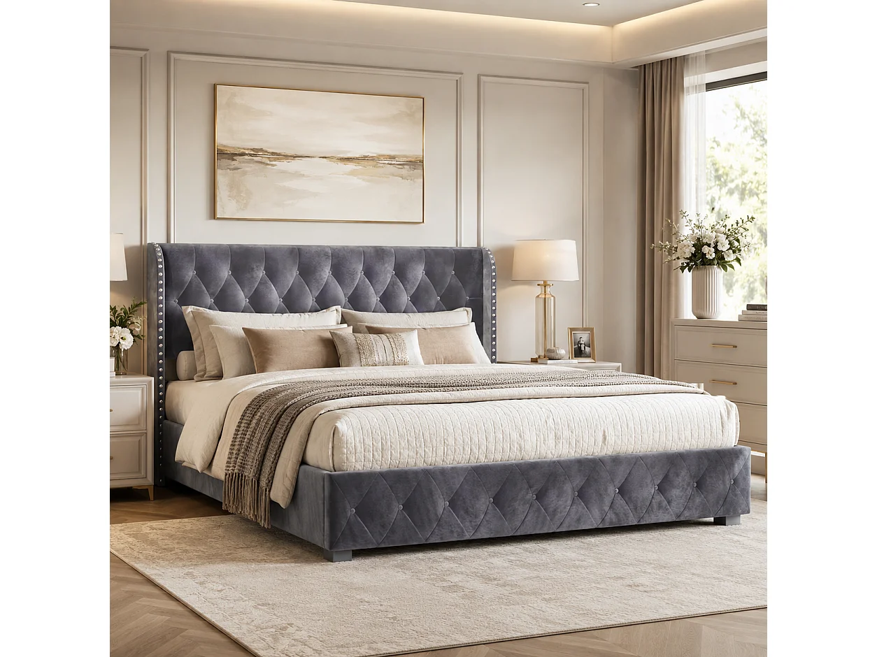 Lit Coffre 140x190 cm avec Tete de lit et sommier à Lattes, Lit Double Rembourré avec Hydraulique Rangement, Velours, sans Matelas, Gris