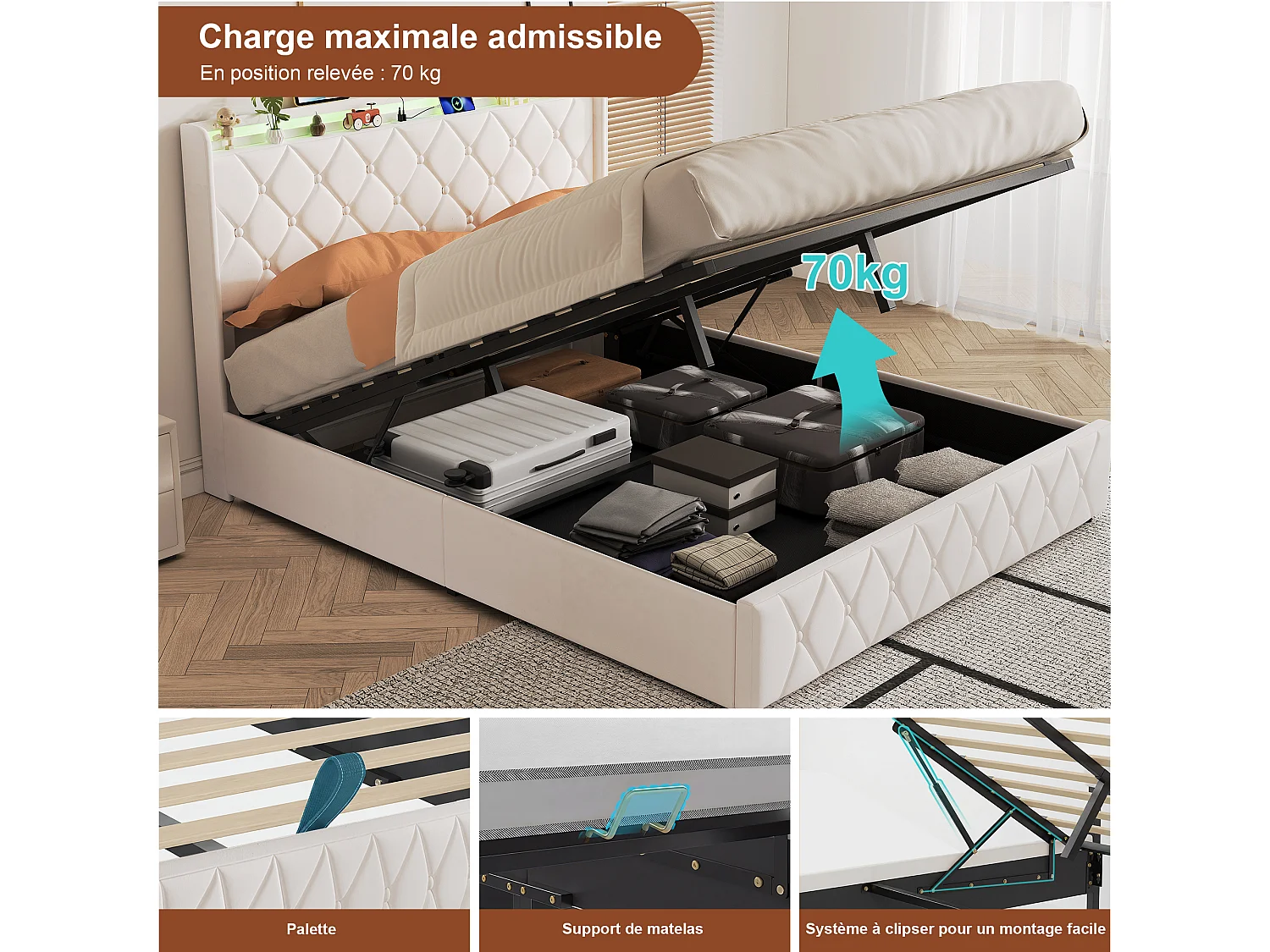 Lit Coffre 160x200 cm avec LED et USB, Lit Double Rembourré avec Rangement Hydraulique, Cadre de Lit Adulte avec Tête de Lit, Étagères Ouvertes, Beige